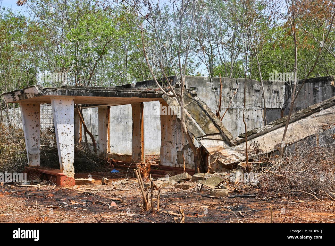 Häuser, die während des Bürgerkrieges in Keerimalai, Jaffna, Sri Lanka, am 14. August 2017 durch eine Streubombe zerstört wurden. Dies ist nur eine der vielen Erinnerungen an die tiefen Narben, die während des 26-jährigen Bürgerkrieges zwischen der srilankischen Armee und der LTTE (Liberation Tigers of Tamil Eelam) entstanden sind. Die Vereinten Nationen schätzen, dass während des Krieges etwa 40.000 Menschen getötet wurden. (Foto von Creative Touch Imaging Ltd./NurPhoto) Stockfoto