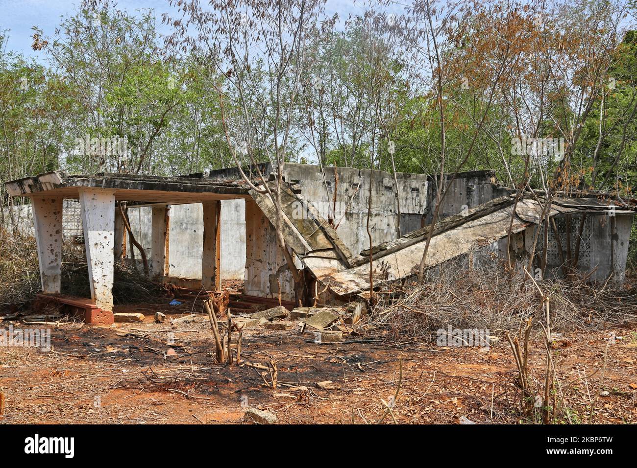 Häuser, die während des Bürgerkrieges in Keerimalai, Jaffna, Sri Lanka, am 14. August 2017 durch eine Streubombe zerstört wurden. Dies ist nur eine der vielen Erinnerungen an die tiefen Narben, die während des 26-jährigen Bürgerkrieges zwischen der srilankischen Armee und der LTTE (Liberation Tigers of Tamil Eelam) entstanden sind. Die Vereinten Nationen schätzen, dass während des Krieges etwa 40.000 Menschen getötet wurden. (Foto von Creative Touch Imaging Ltd./NurPhoto) Stockfoto