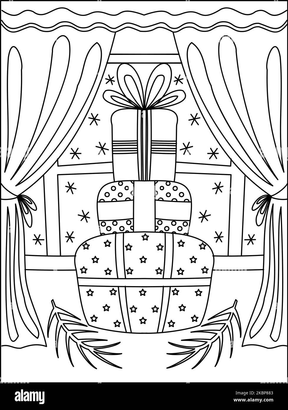 Weihnachten Malbuch. Malseite mit Geschenken. Schneeflocken und Weihnachtsbäume vor dem Fenster.Weihnachtsgeschenke Färbung.. Stock Vektor