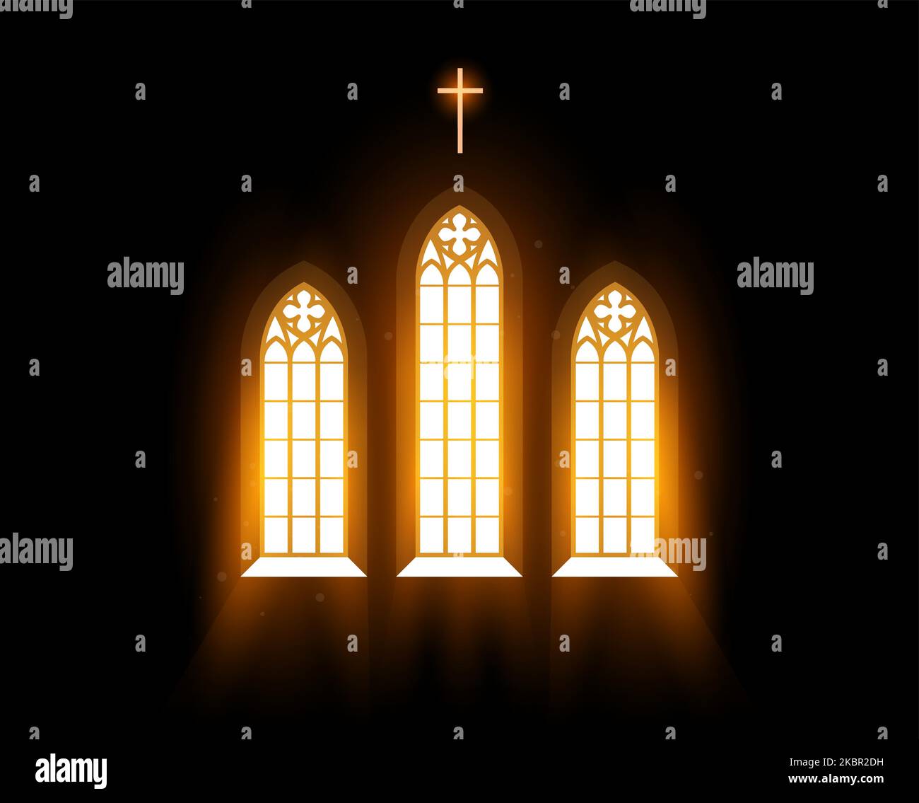 Blessing Licht fließt durch Kirchenfenster, Morgenlicht über Buntglasfenster im Tempel, Liturgie beten, Vektor Stock Vektor