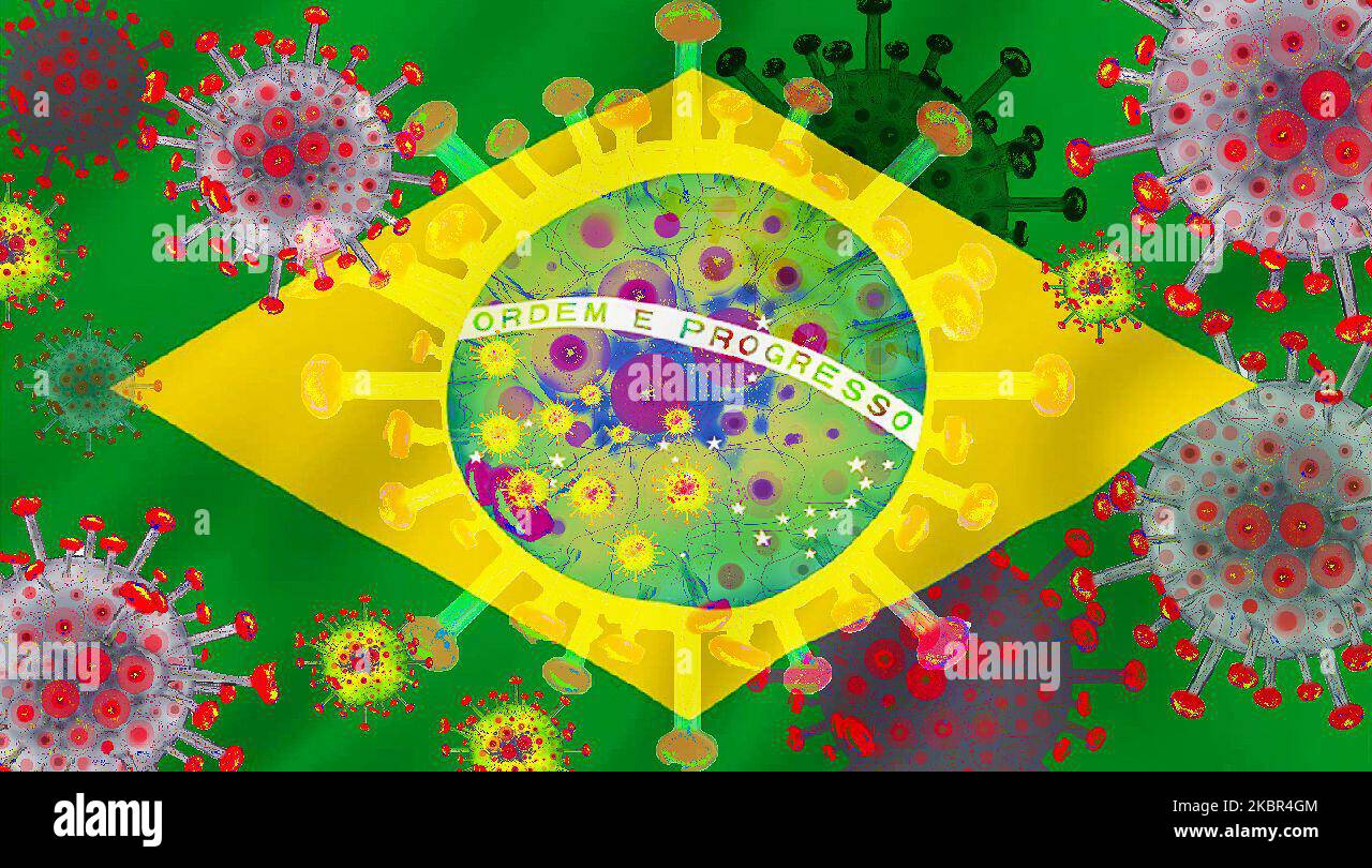 Foto-Illustration der brasilianischen Flagge mit COVID-19 (Sarr-CoV-Illustration) als Brasiliens Todesrate durch Coronavirus jetzt die zweithöchste der Welt wird am 13. Juni 2020 in Gent, Belgien, aufgenommen. (Fotoillustration von Jonathan Raa/NurPhoto) Stockfoto