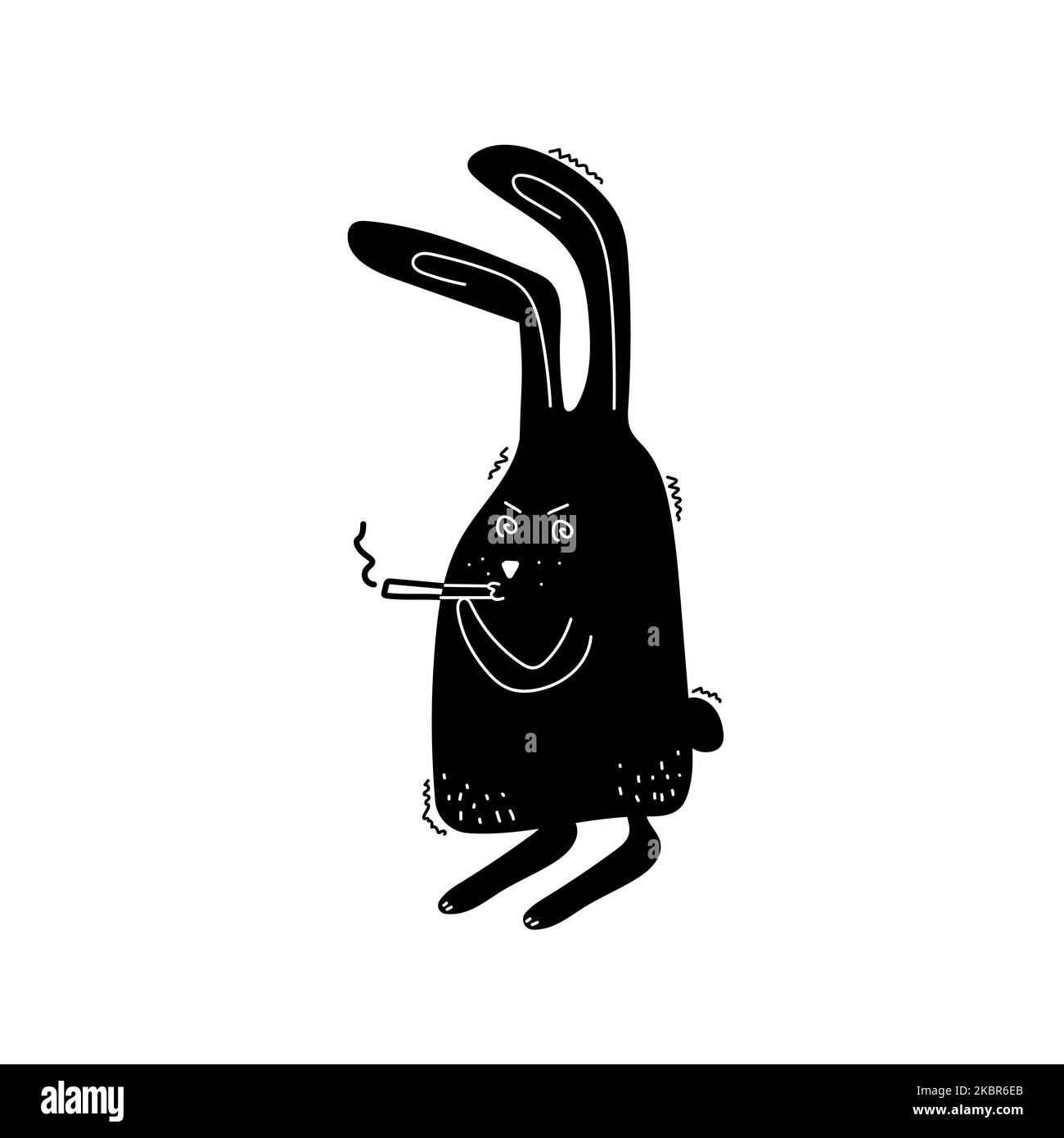 Cartoon schwarzes Kaninchen raucht eine Zigarette. Wütender und nervöser Hase. Symbol des neuen Jahres 2023 Stock Vektor