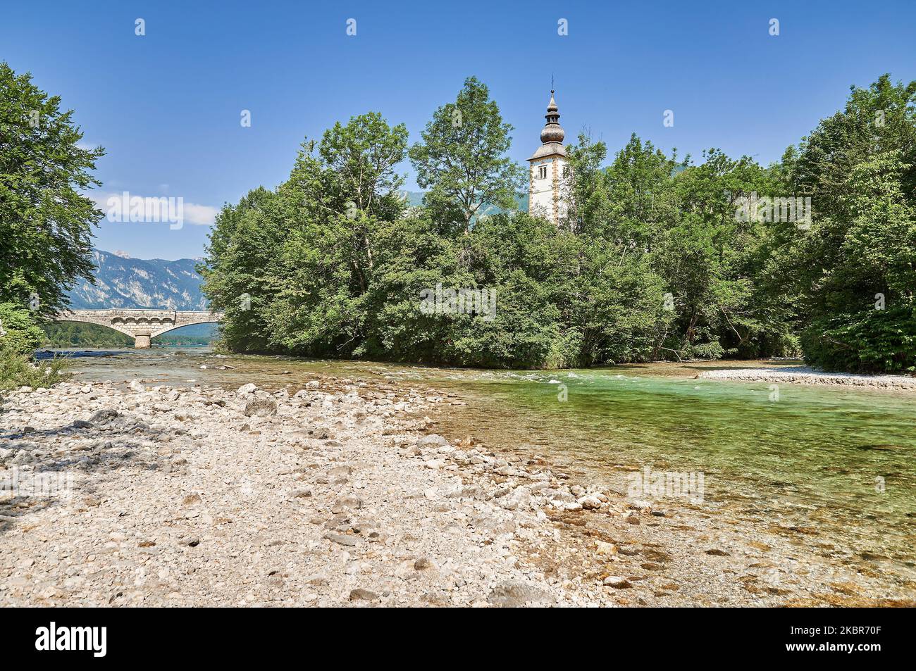 Fluss Sava Bohinjka am Bohinjer See, Nationalpark Triglav, Slowenien Stockfoto