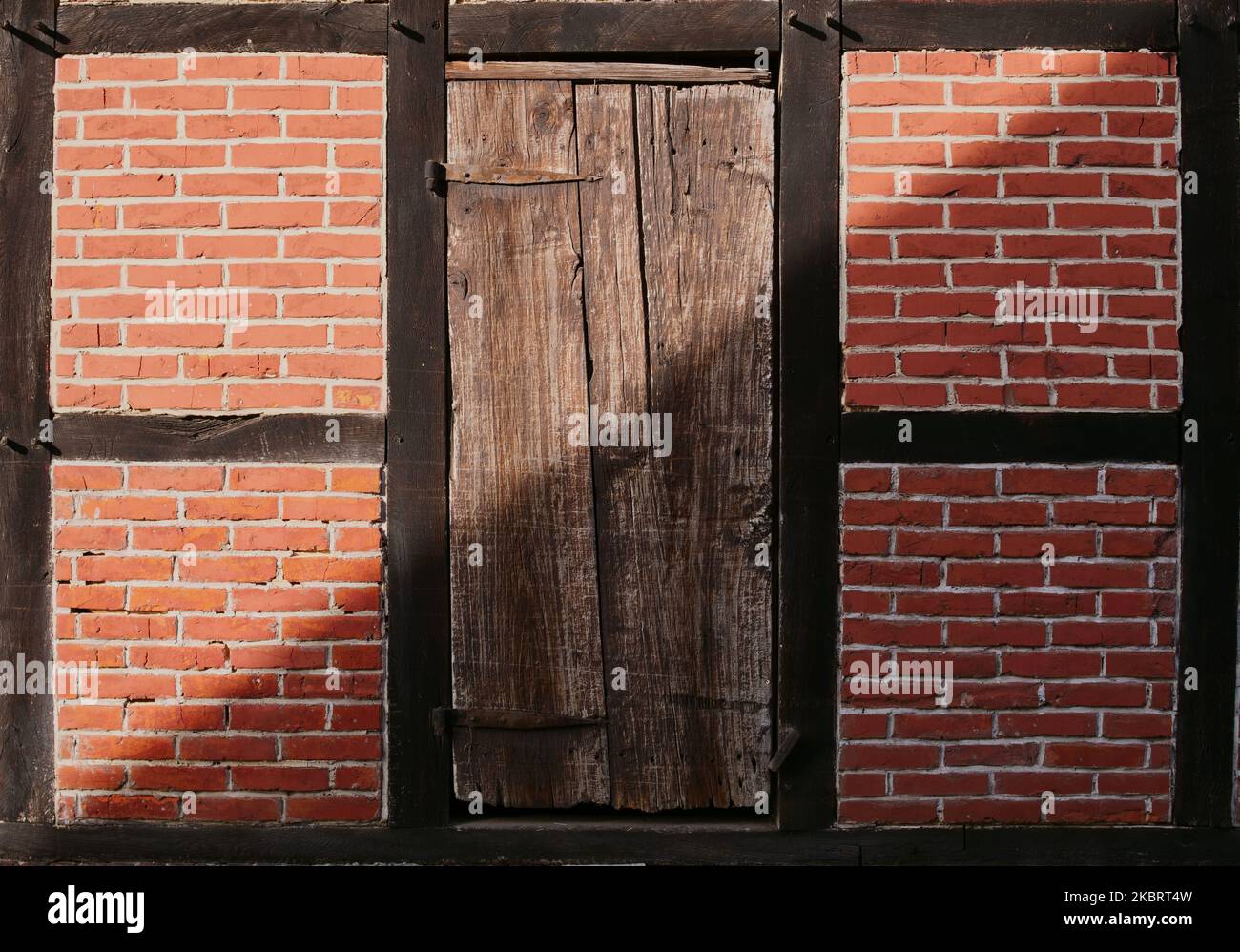 Alte Tür in rustikaler Ziegelmauer, diagonaler Schatten Stockfoto