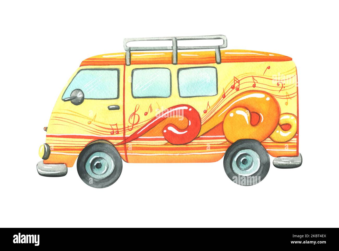 Der Touristenbus zum Surfen ist orange, gelb und rot. Aquarelldarstellung. Ein isoliertes Objekt aus der SURF-Sammlung. Zur Dekoration und Stockfoto