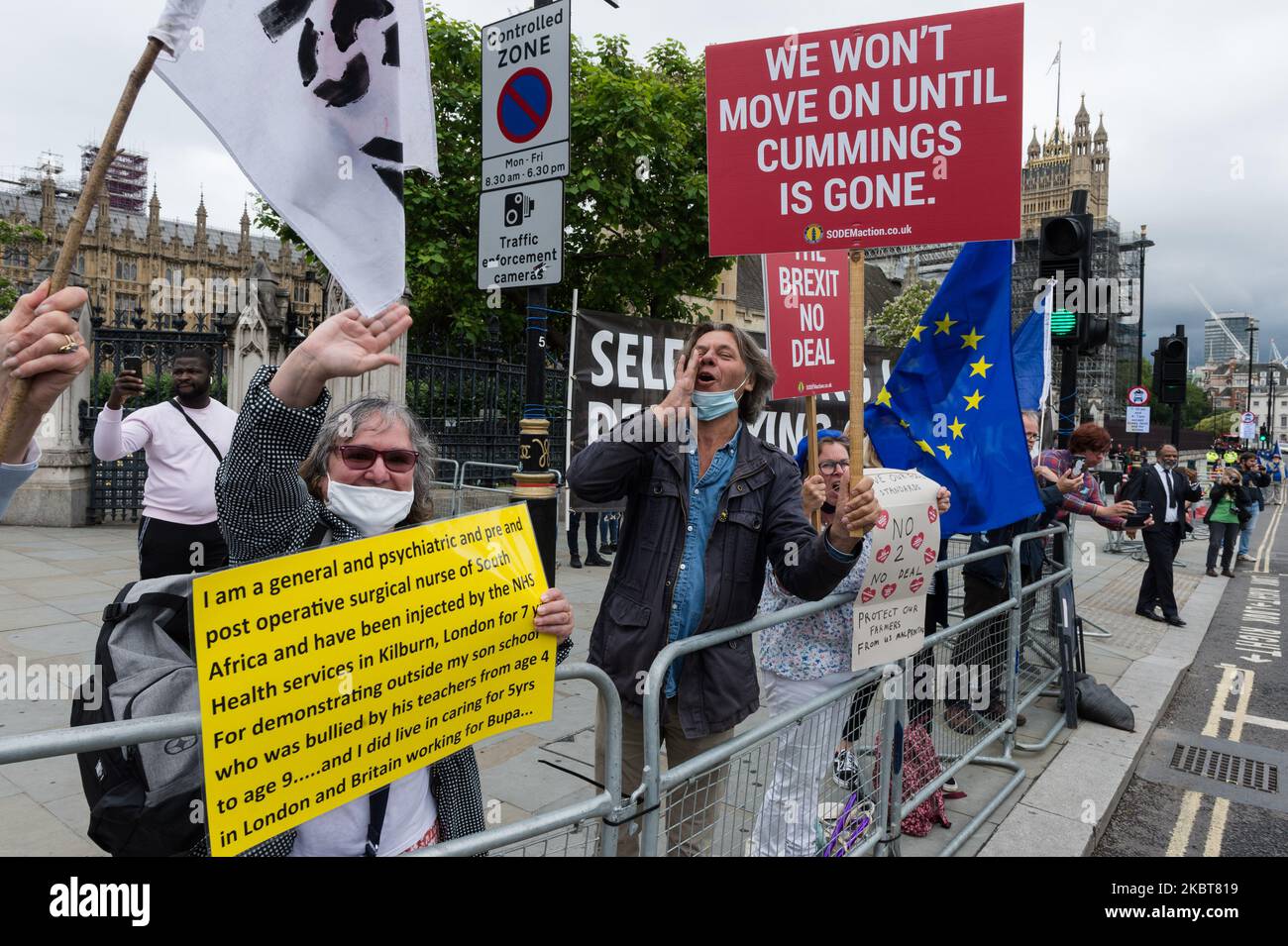 Befürworter der EU unterstützten die Landwirte bei einem Protest vor dem Parlament im Zentrum von London gegen das Agrargesetz am 08. Juli 2020 in London, England. Der Gesetzentwurf, der diese Woche dem Oberhaus zugeht, soll die Gemeinsame Agrarpolitik der EU ersetzen, wenn die Übergangsfrist für den Brexit Ende des Jahres abläuft. Die Aktivisten behaupten, dass das Gesetz zu einem Rückgang der britischen Tier- und Umweltstandards für landwirtschaftliche Importe führen, den Markt mit billigen, minderwertigen Lebensmitteln überschwemmen und Großbritanniens erstklassige Agrarindustrie zerstören wird. (Foto von Wiktor Szymanowicz/NurPhoto) Stockfoto