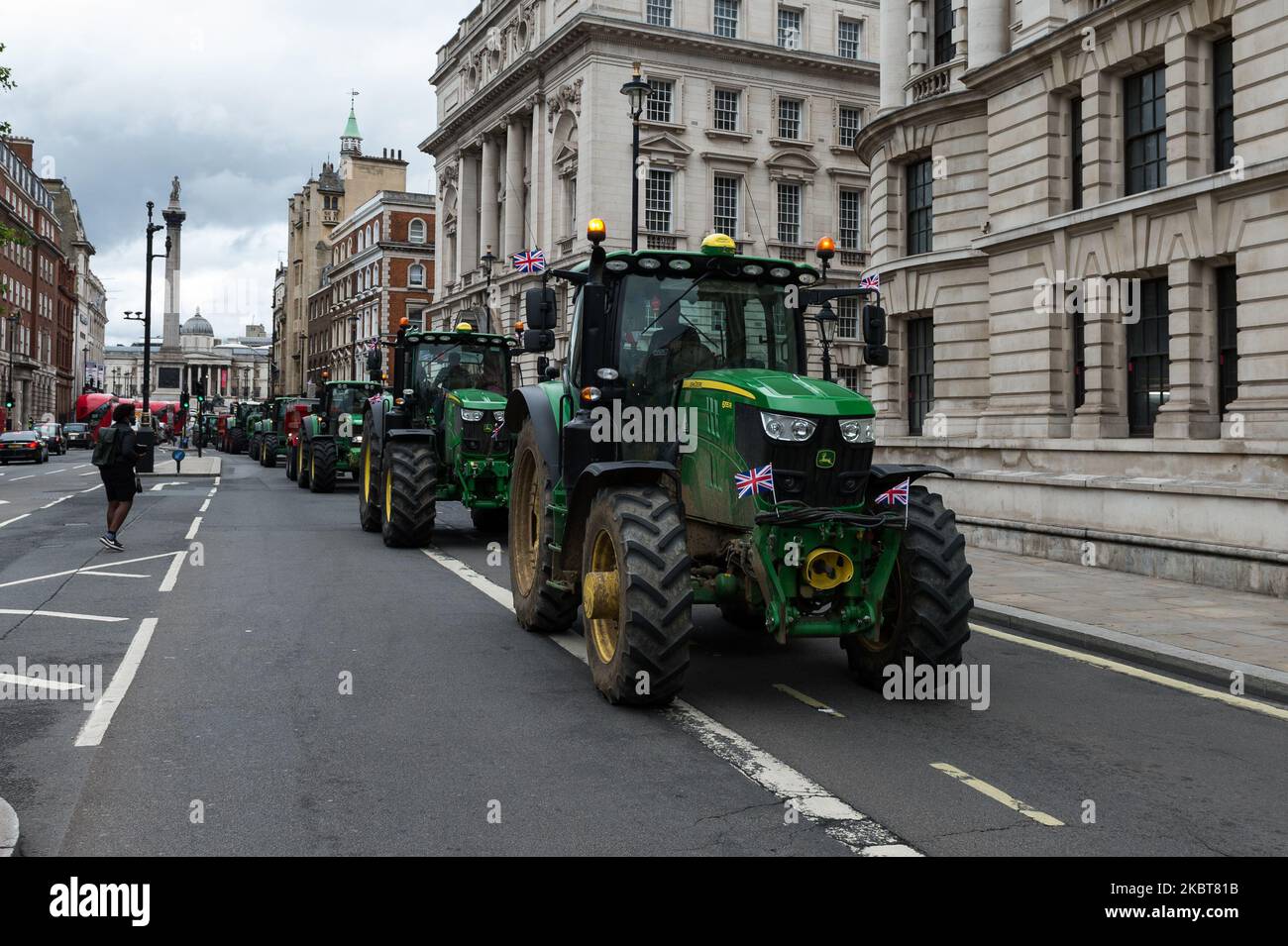 Bauern aus dem ganzen Land fahren Traktoren, Lastwagen und Autos durch das Zentrum Londons, um am 08. Juli 2020 in London, England, gegen das Agrargesetz zu protestieren. Der Gesetzentwurf, der diese Woche dem Oberhaus zugeht, soll die Gemeinsame Agrarpolitik der EU ersetzen, wenn die Übergangsfrist für den Brexit Ende des Jahres abläuft. Die Aktivisten behaupten, dass das Gesetz zu einem Rückgang der britischen Tier- und Umweltstandards für landwirtschaftliche Importe führen, den Markt mit billigen, minderwertigen Lebensmitteln überschwemmen und Großbritanniens erstklassige Agrarindustrie zerstören wird. (Foto von Wiktor Szymanowicz/N Stockfoto