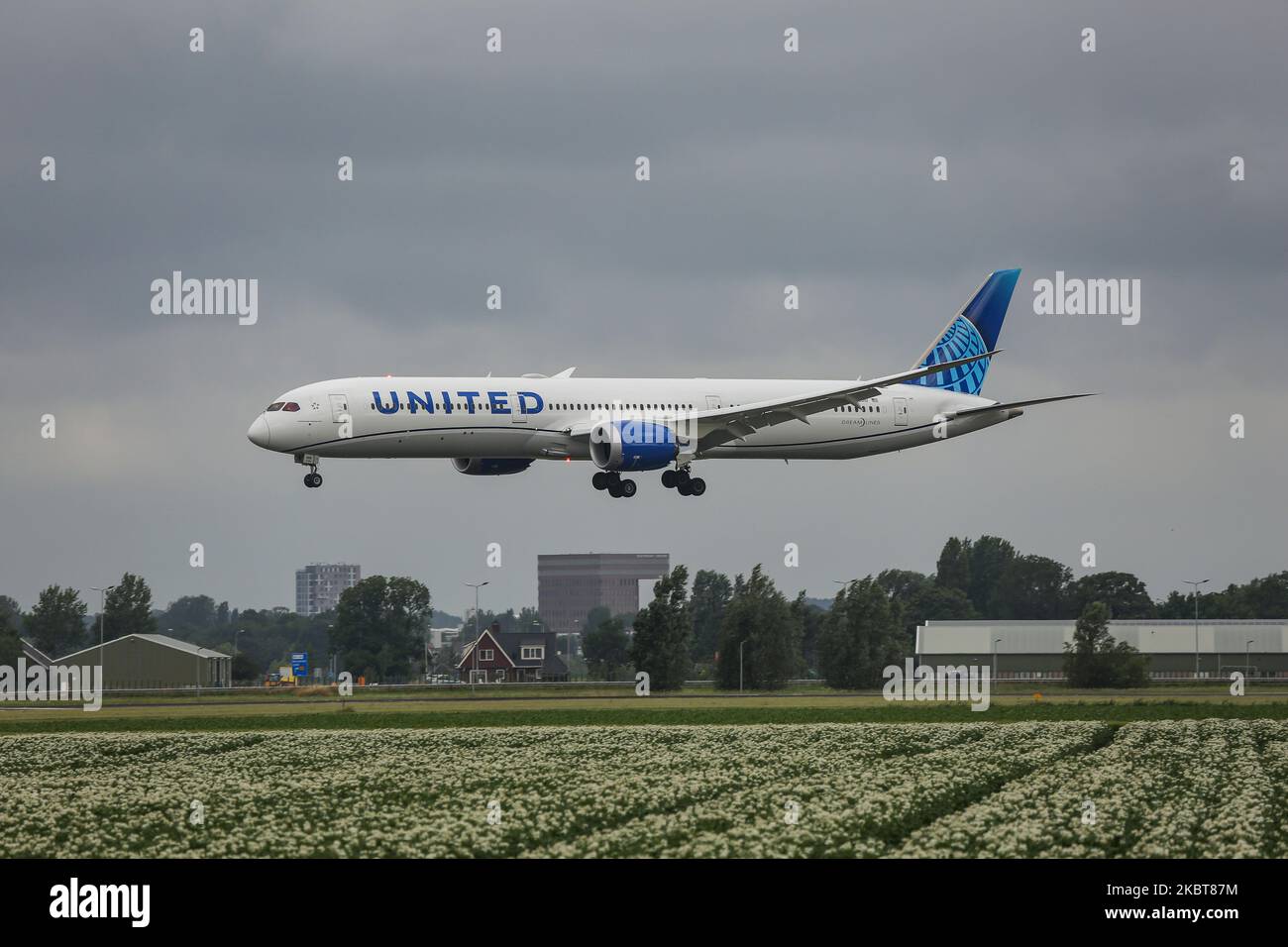 Die Boeing 787-10 Dreamliner von United Airlines wurde am 2. Juli 2020 bei der endgültigen Landung auf dem niederländischen Flughafen Amsterdam Schiphol AMS EHAM aus Newark EWR, New York, NY, USA, gesehen. Das moderne, moderne und fortschrittliche Großkarosserie-Flugzeug verfügt über die neue Lackierung und die Zulassung von N12010 und 2x GE-Triebwerken. United UA UAL ist die drittgrößte Fluggesellschaft der Welt und Mitglied der Luftfahrtallianz Star Alliance. United verbindet die USA mit Europa und den Niederlanden mit Fracht- und Passagierflügen während der Covid-19-Coronavirus-Pandemie. (Foto von Nicolas Stockfoto