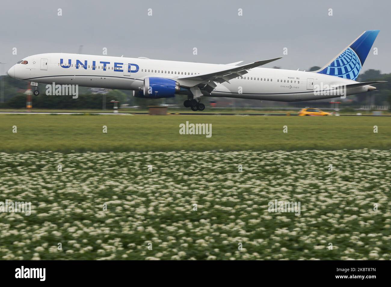 Die Boeing 787-10 Dreamliner von United Airlines wurde am 2. Juli 2020 bei der endgültigen Landung auf dem niederländischen Flughafen Amsterdam Schiphol AMS EHAM aus Newark EWR, New York, NY, USA, gesehen. Das moderne, moderne und fortschrittliche Großkarosserie-Flugzeug verfügt über die neue Lackierung und die Zulassung von N12010 und 2x GE-Triebwerken. United UA UAL ist die drittgrößte Fluggesellschaft der Welt und Mitglied der Luftfahrtallianz Star Alliance. United verbindet die USA mit Europa und den Niederlanden mit Fracht- und Passagierflügen während der Covid-19-Coronavirus-Pandemie. (Foto von Nicolas Stockfoto