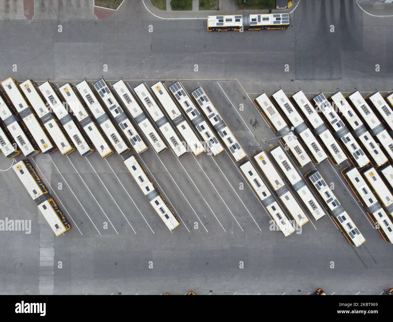 Busse werden am 8. Juli 2020 beim städtischen Buswerk in Warschau, Polen, geparkt. (Foto von Jaap Arriens/NurPhoto) Stockfoto