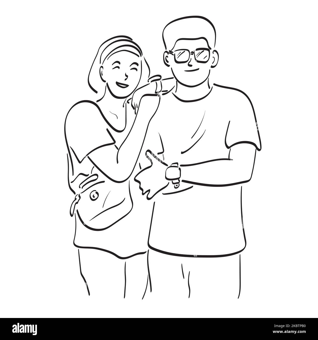 Linie Kunst Paar stehend mit Glück Illustration Vektor Hand gezeichnet isoliert auf weißem Hintergrund Stock Vektor