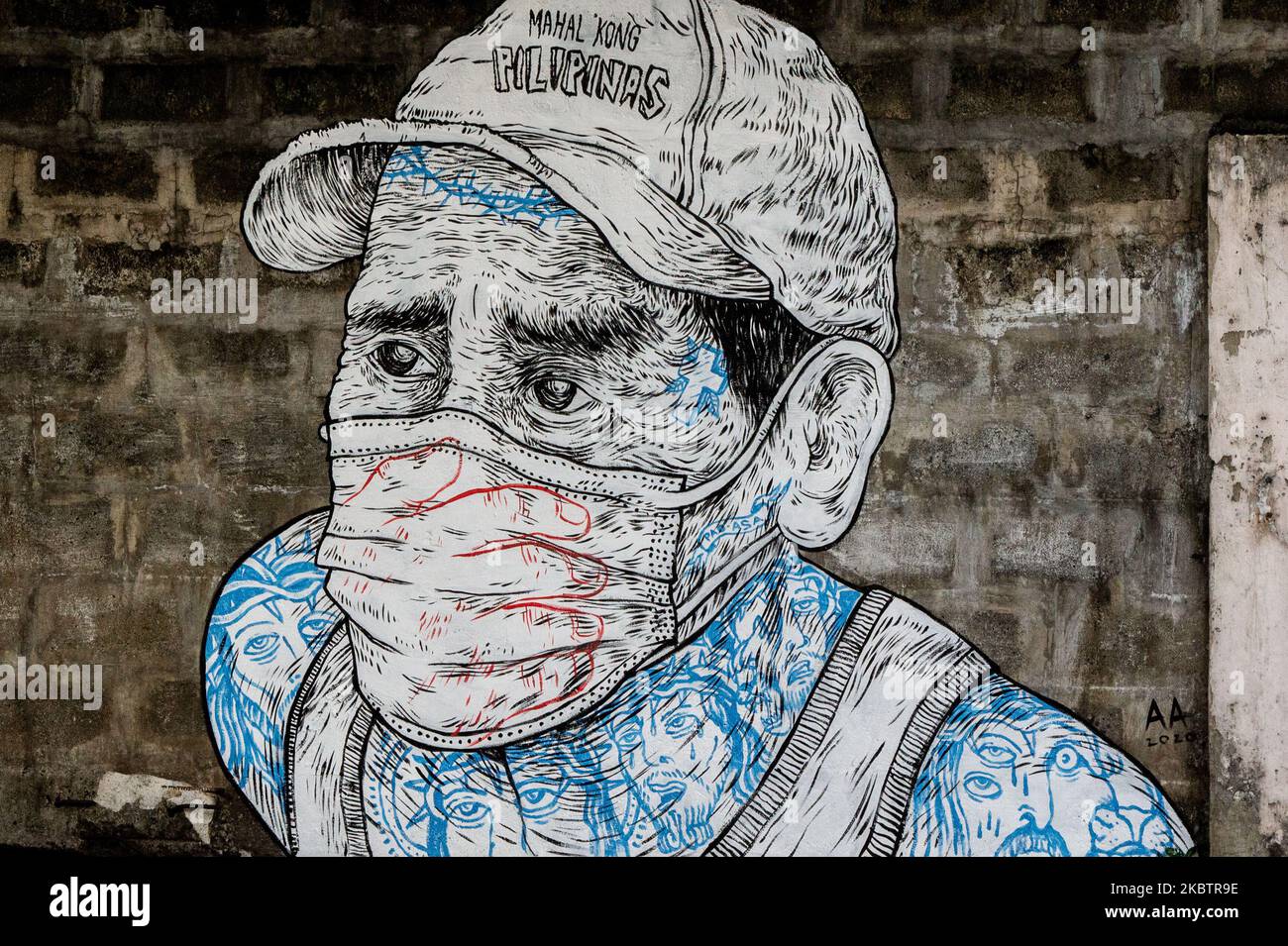 Am 17. Juli 2020 ist in Quezon City, Philippinen, ein Wandgemälde zu sehen, das einen Mann zeigt, dessen Mund und Nase mit einer Maske und einer Hand bedeckt sind. Die Gesamtzahl der bestätigten Fälle auf den Philippinen stieg auf 63, 001, nachdem heute 1.841 neue Fälle verzeichnet wurden.(Foto: Lisa Marie David/NurPhoto) Stockfoto