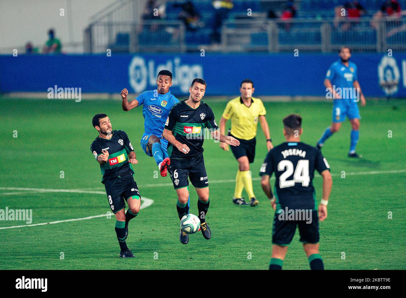 Jeisson Martinez, Victor Rodriguez und Manuel Sanchez beim Liga SmartBank Spiel zwischen CF Fuenlabrada und Elche CF im Estadio Fernando Torres am 17. Juli 2020 in Fuenlabrada, Spanien. (Foto von Rubén de la Fuente Pérez/NurPhoto) Stockfoto