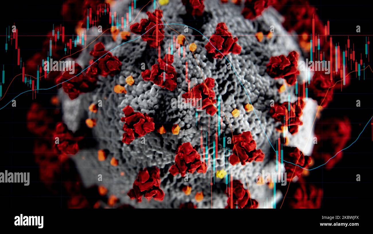 (ANMERKUNG DES EDITORS: Das Bild wurde mit Mehrfachbelichtung in der Kamera erstellt.) In dieser Abbildung ist ein Stock Chart mit dem Bild des Coronavirus zu sehen. (Foto von Manuel Romano/NurPhoto) Stockfoto