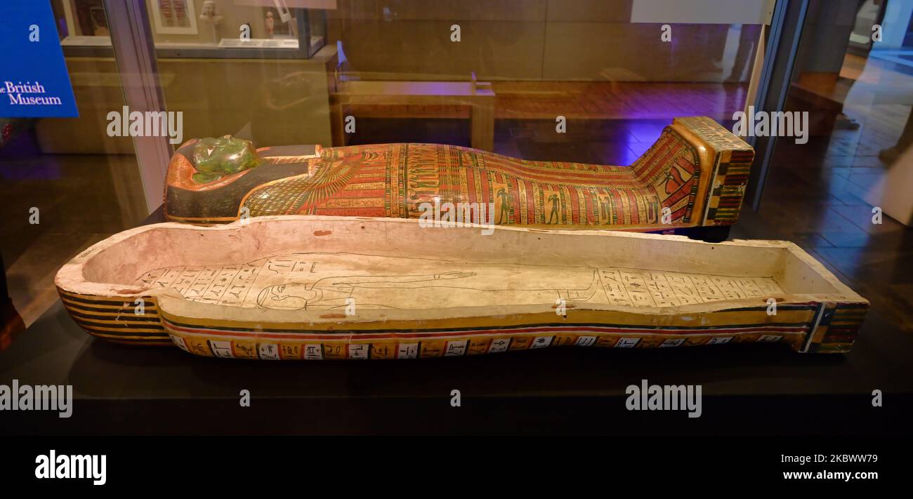 Der innere Sarg von Seshepenmehyt, einer Mumie aus dem alten Ägypten, Leihgabe des britischen Museums Stockfoto