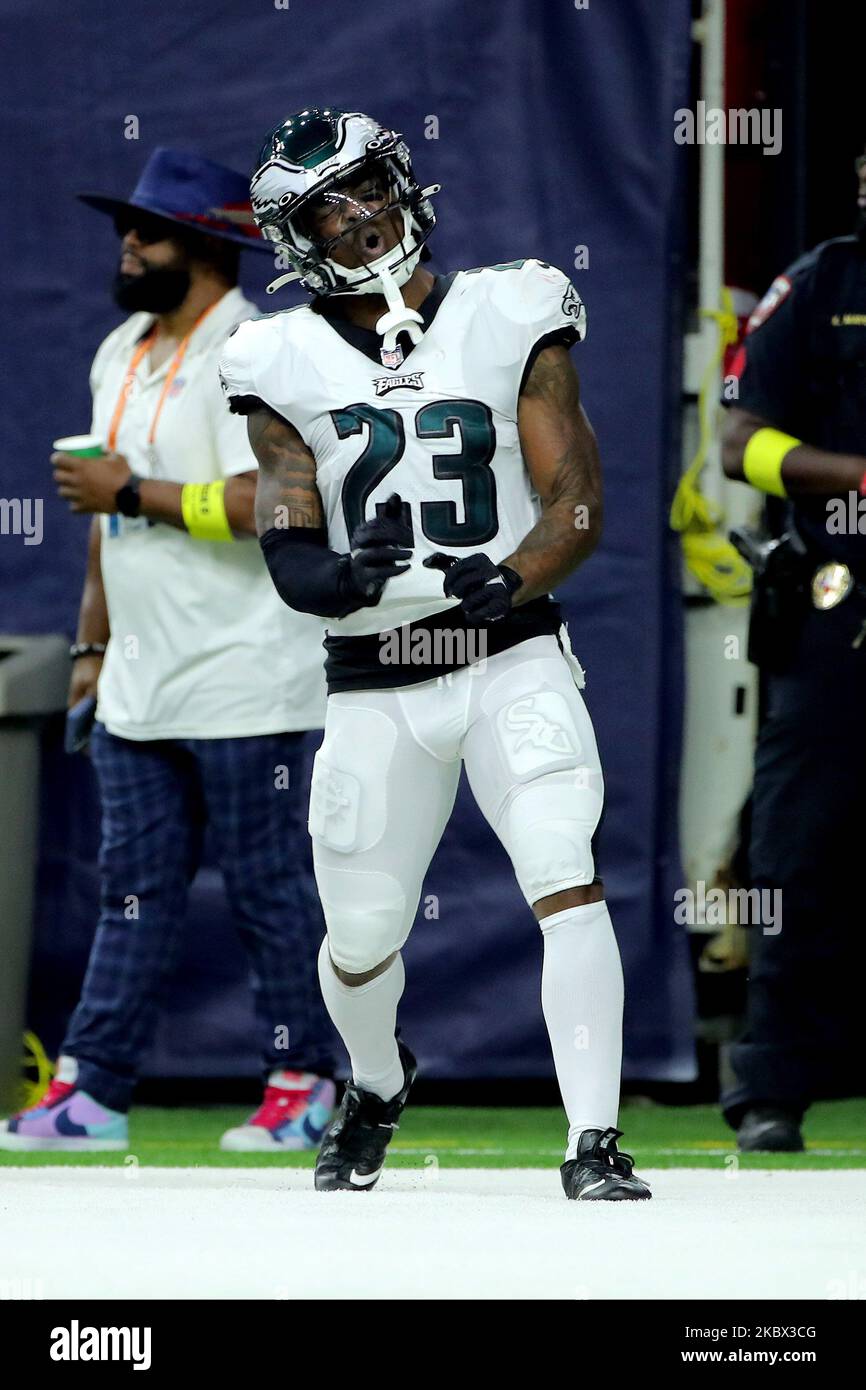 Houston, Texas, USA. 3.. November 2022. Philadelphia Eagles Safety C.J. Gardner-Johnson (23) reagiert nach einem Abfangen während des Spiels zwischen den Houston Texans und den Philadelphia Eagles am 3. November 2022 im NRG Stadium in Houston, TX. (Bild: © Erik Williams/ZUMA Press Wire) Stockfoto