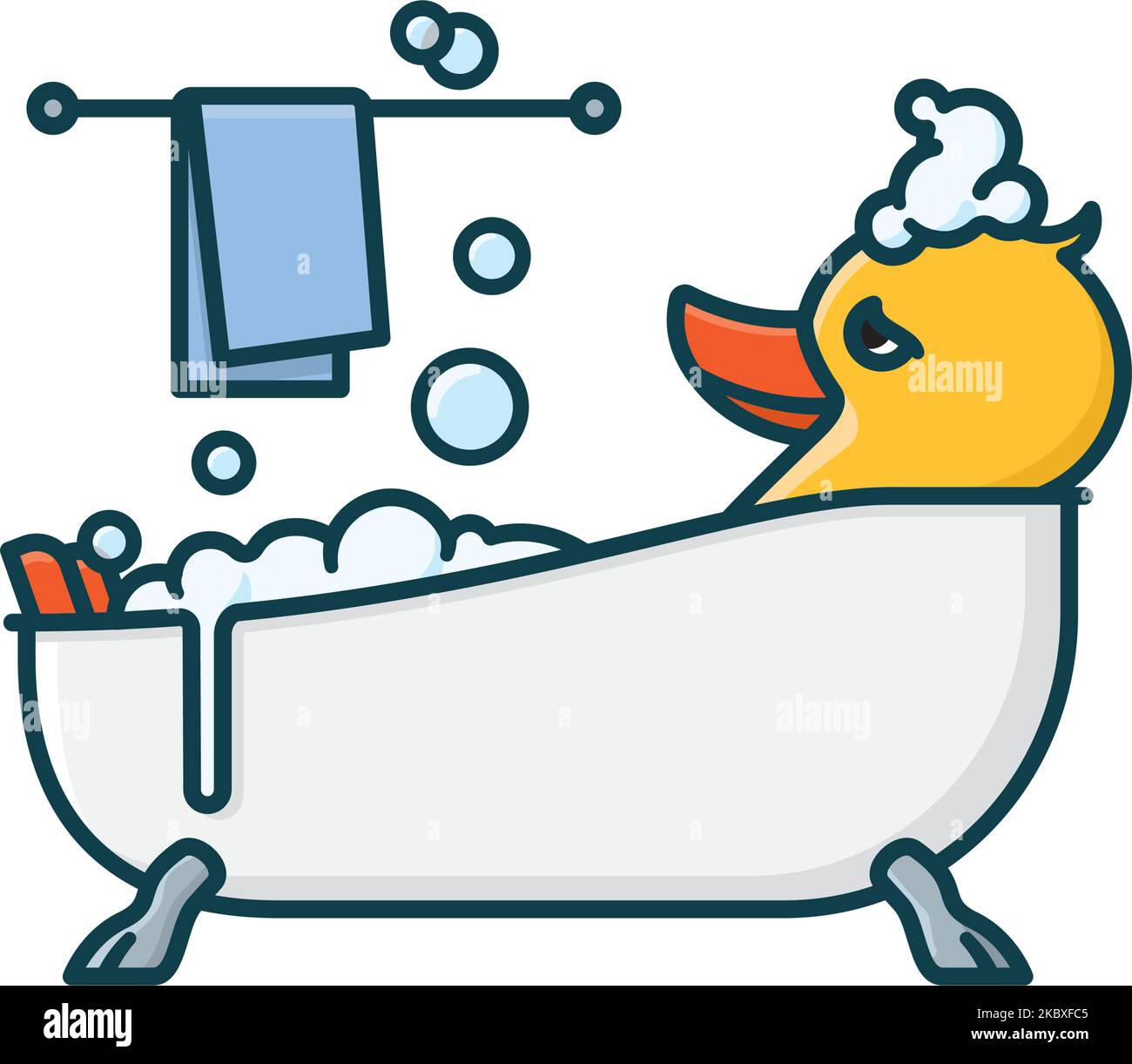 Gelbe Ente, die sich in einer Badewanne entspannt, Karikatur, isolierte Vektorgrafik für den Bubble Bath Day am 8. Januar Stock Vektor