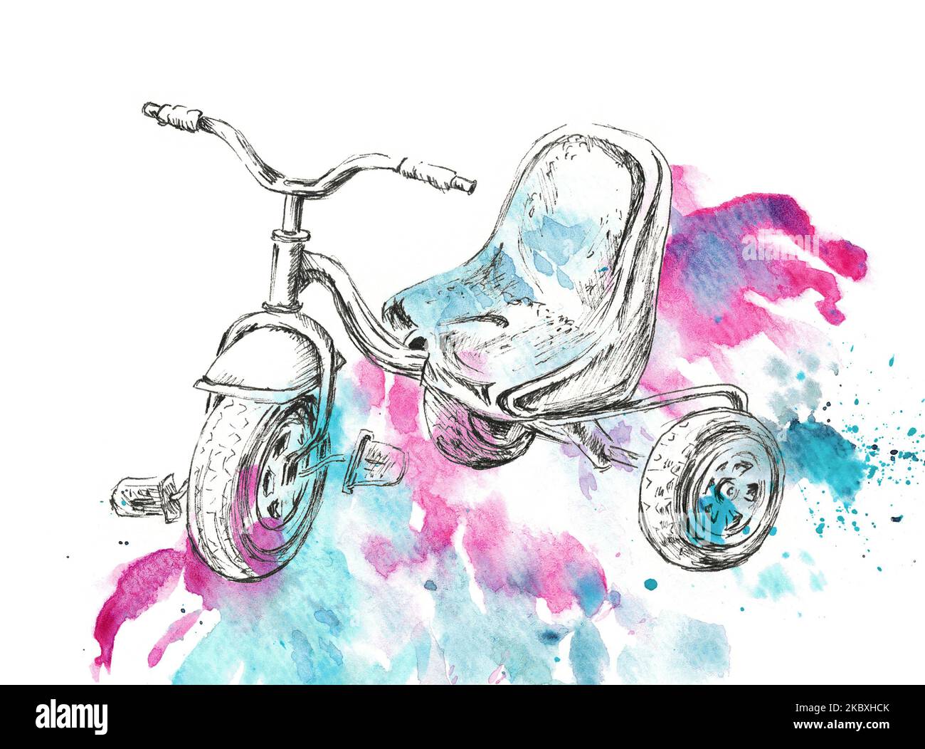 Handgezeichnete Abbildung eines Dreirads. Tuschezeichnung mit Aquarellhintergrund. Stockfoto
