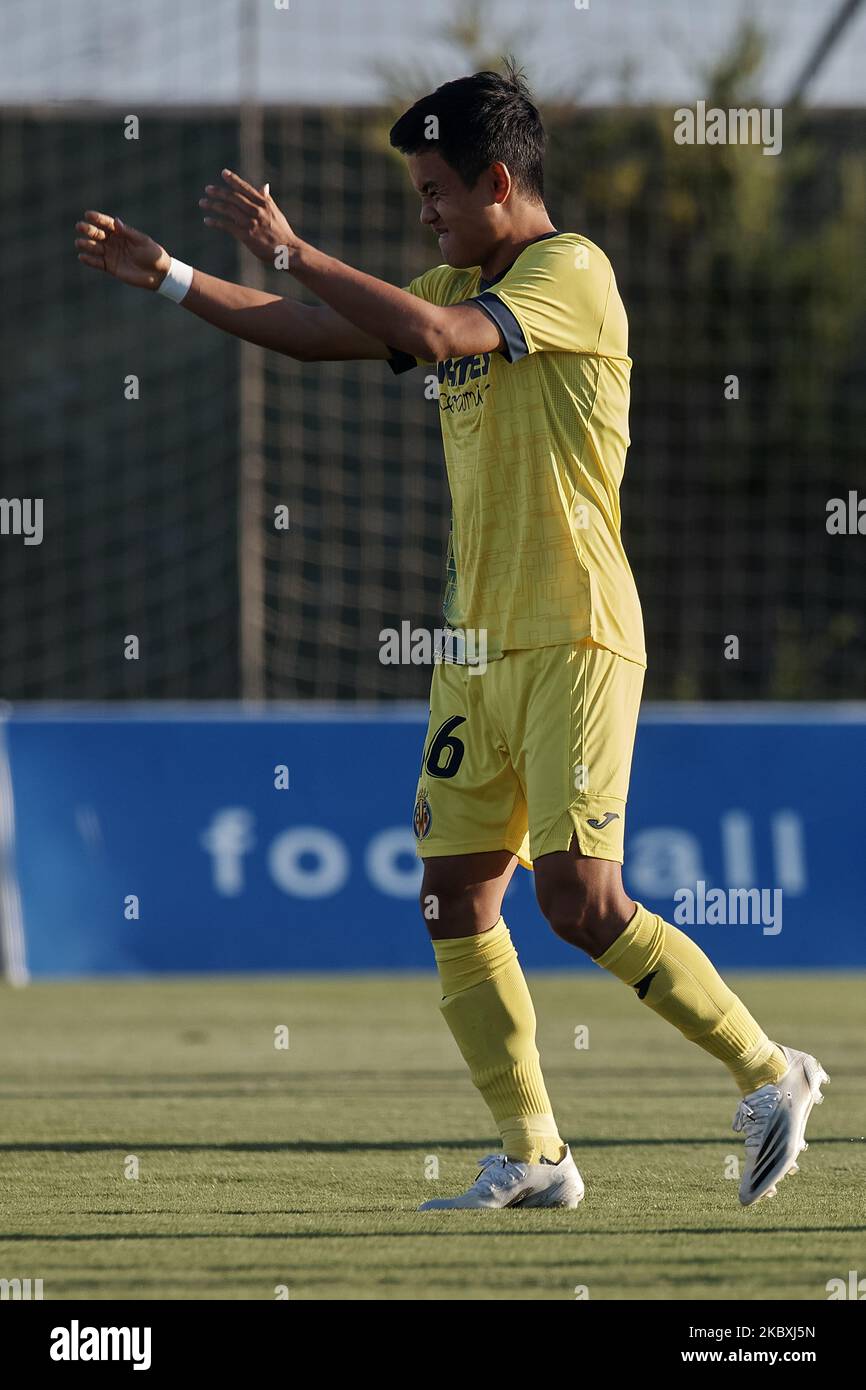 Takefusa Kubo von Villarreal beim Warm-up vor dem Vorsaison-Freundschaftsspiel zwischen Villarreal CF und Teneriffa in der Pinatar Arena am 25. August 2020 in Murcia, Spanien. (Foto von Jose Breton/Pics Action/NurPhoto) Stockfoto