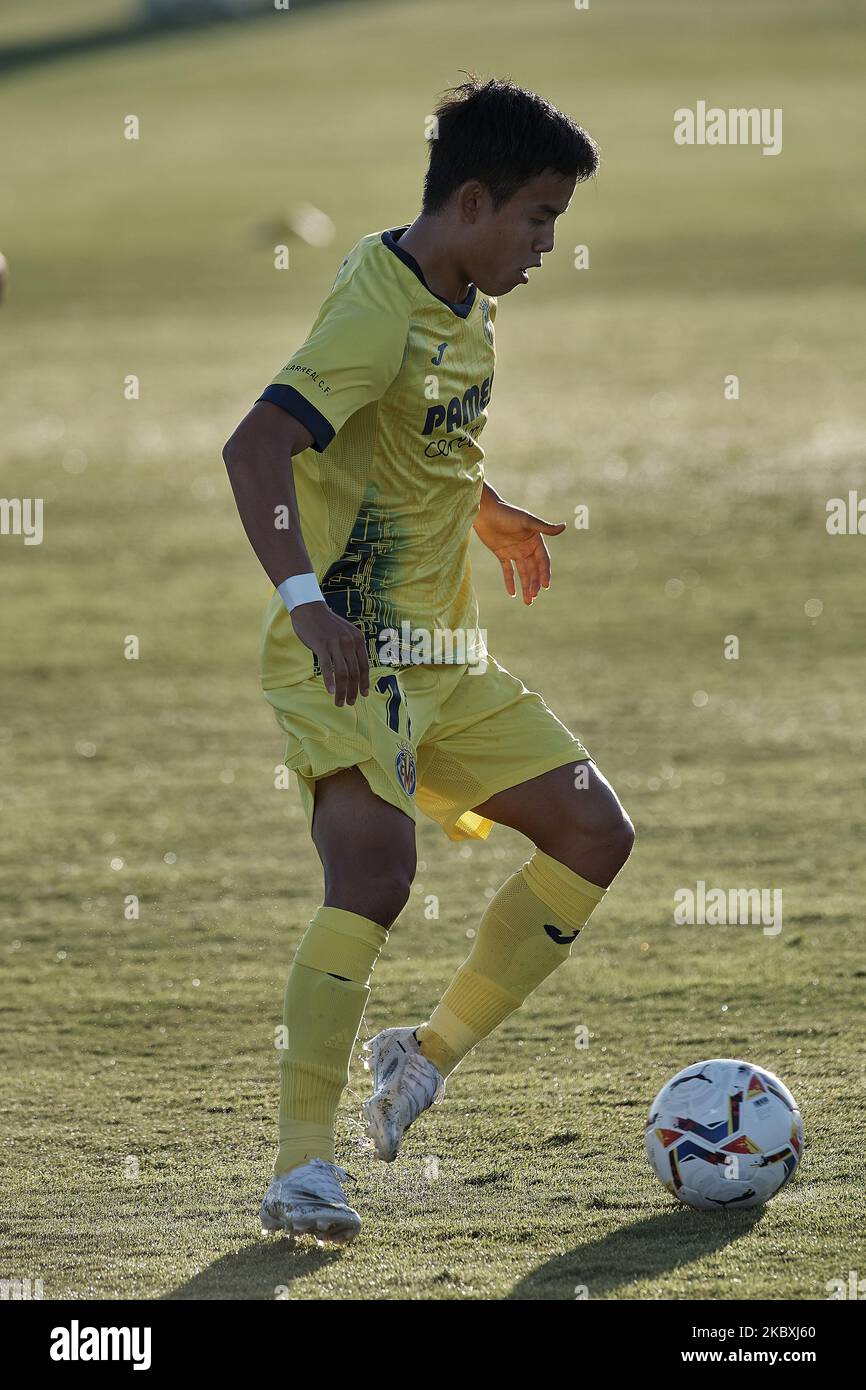 Takefusa Kubo von Villarreal beim Warm-up vor dem Vorsaison-Freundschaftsspiel zwischen Villarreal CF und Teneriffa in der Pinatar Arena am 25. August 2020 in Murcia, Spanien. (Foto von Jose Breton/Pics Action/NurPhoto) Stockfoto