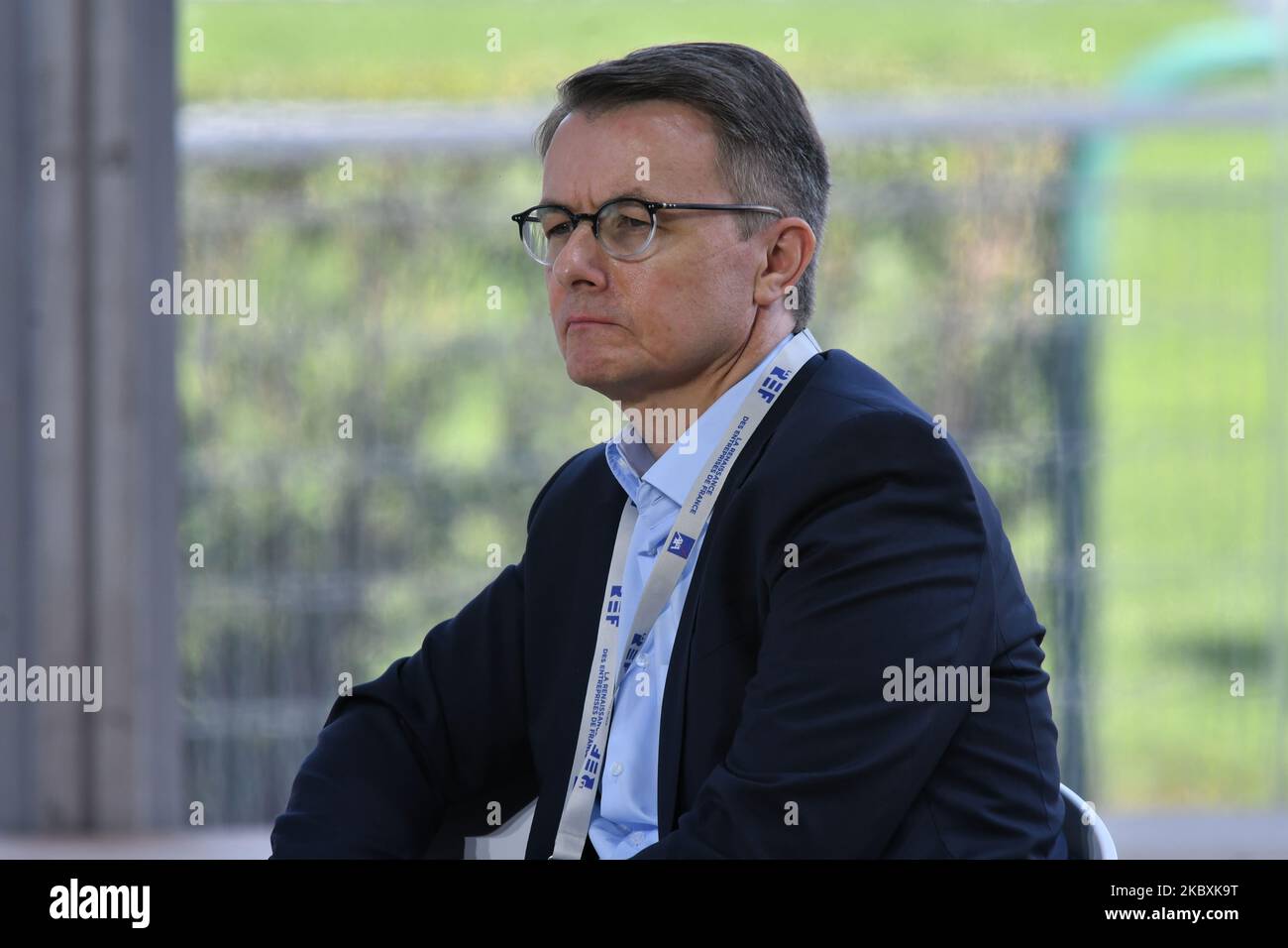 Dominique Schelcher, Chief Executive von Systeme U, nimmt an der Sitzung des französischen Arbeitgeberverbandes Medef zum Thema „die Renaissance der französischen Unternehmen“ am 26. August 2020 in Paris, Frankreich, Teil. (Foto von Daniel Pier/NurPhoto) Stockfoto