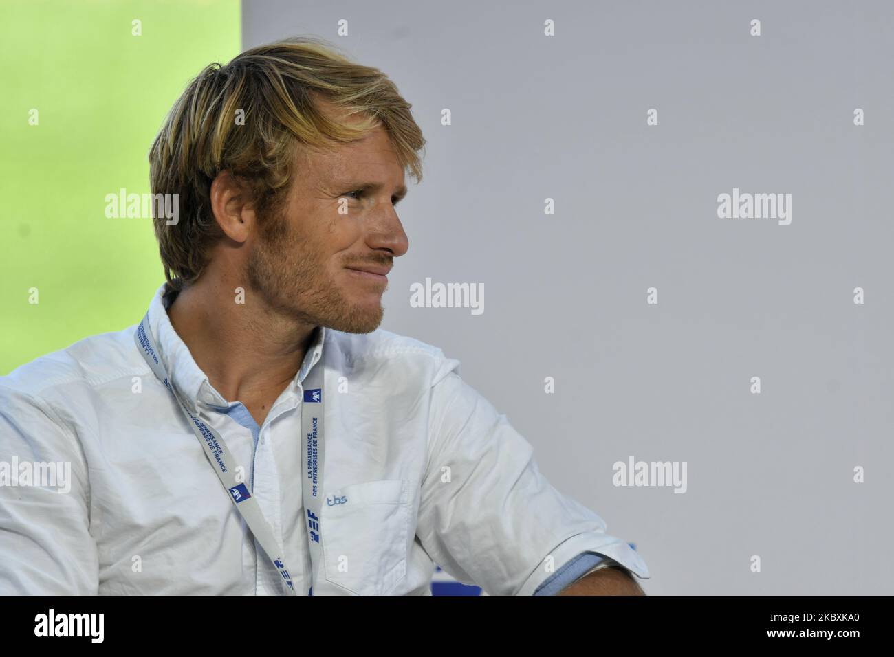 Der französische Skipper Francois Gabart nimmt am 26. August 2020 an der Sitzung des französischen Arbeitgeberverbandes Medef zum Thema „die Renaissance der französischen Unternehmen“ in Paris Teil. (Foto von Daniel Pier/NurPhoto) Stockfoto