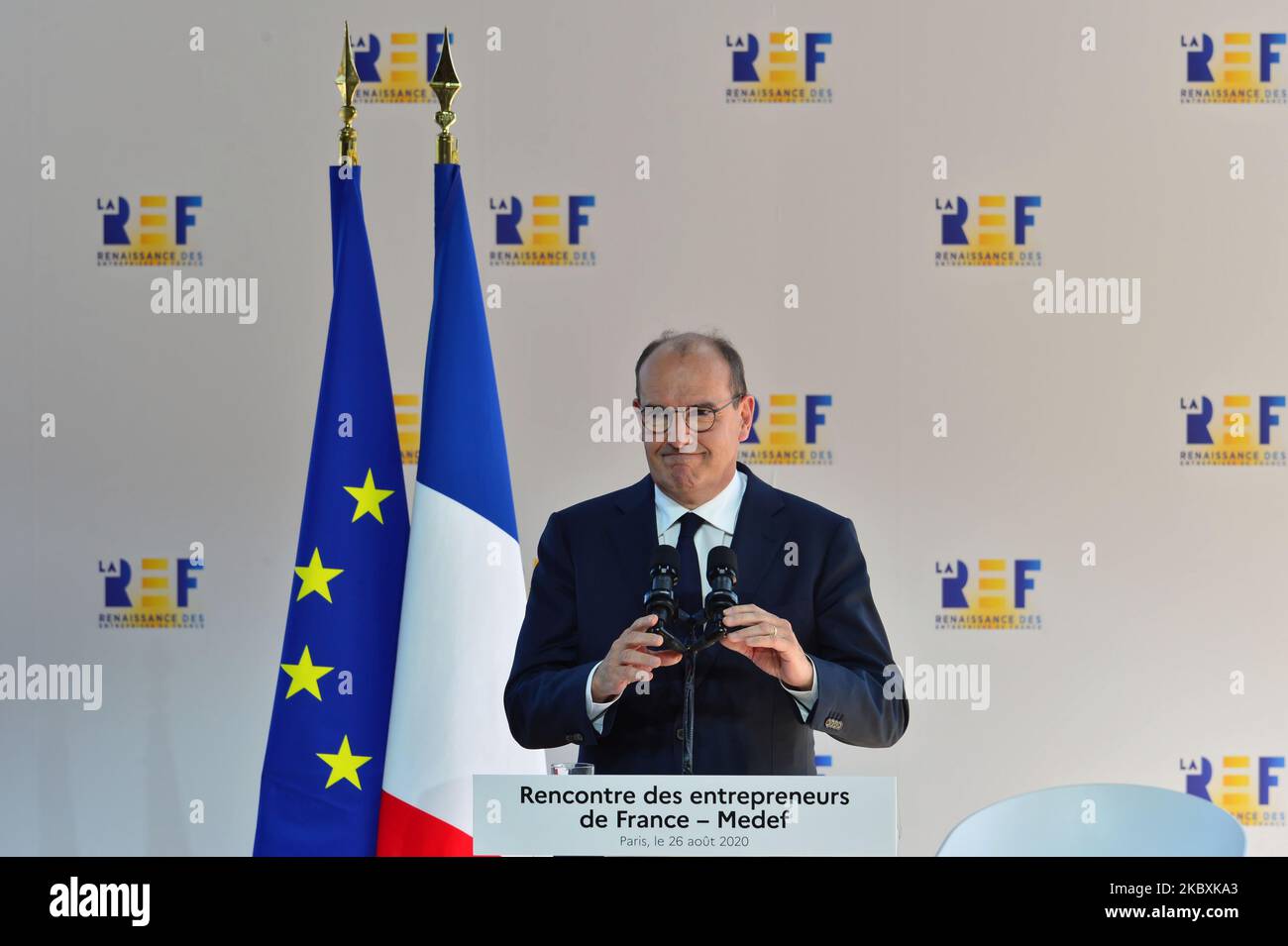 Der französische Premierminister Jean Castex hält eine Rede während des Treffens des französischen Arbeitgeberverbandes Medef mit dem Thema „die Renaissance der französischen Unternehmen“ am 26. August 2020 in Paris, Frankreich. (Foto von Daniel Pier/NurPhoto) Stockfoto