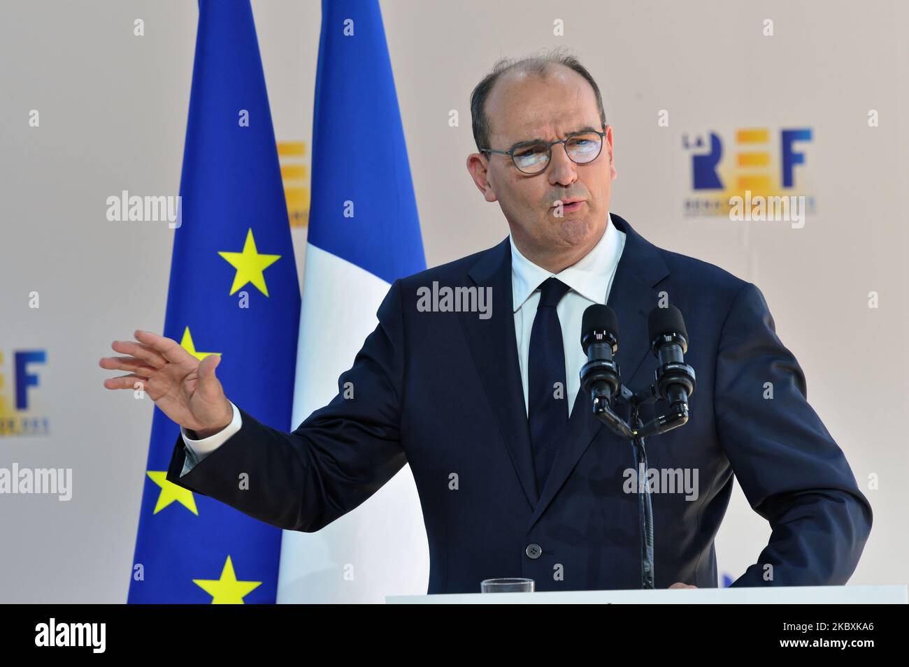 Der französische Premierminister Jean Castex hält eine Rede während des Treffens des französischen Arbeitgeberverbandes Medef mit dem Thema „die Renaissance der französischen Unternehmen“ am 26. August 2020 in Paris, Frankreich. (Foto von Daniel Pier/NurPhoto) Stockfoto