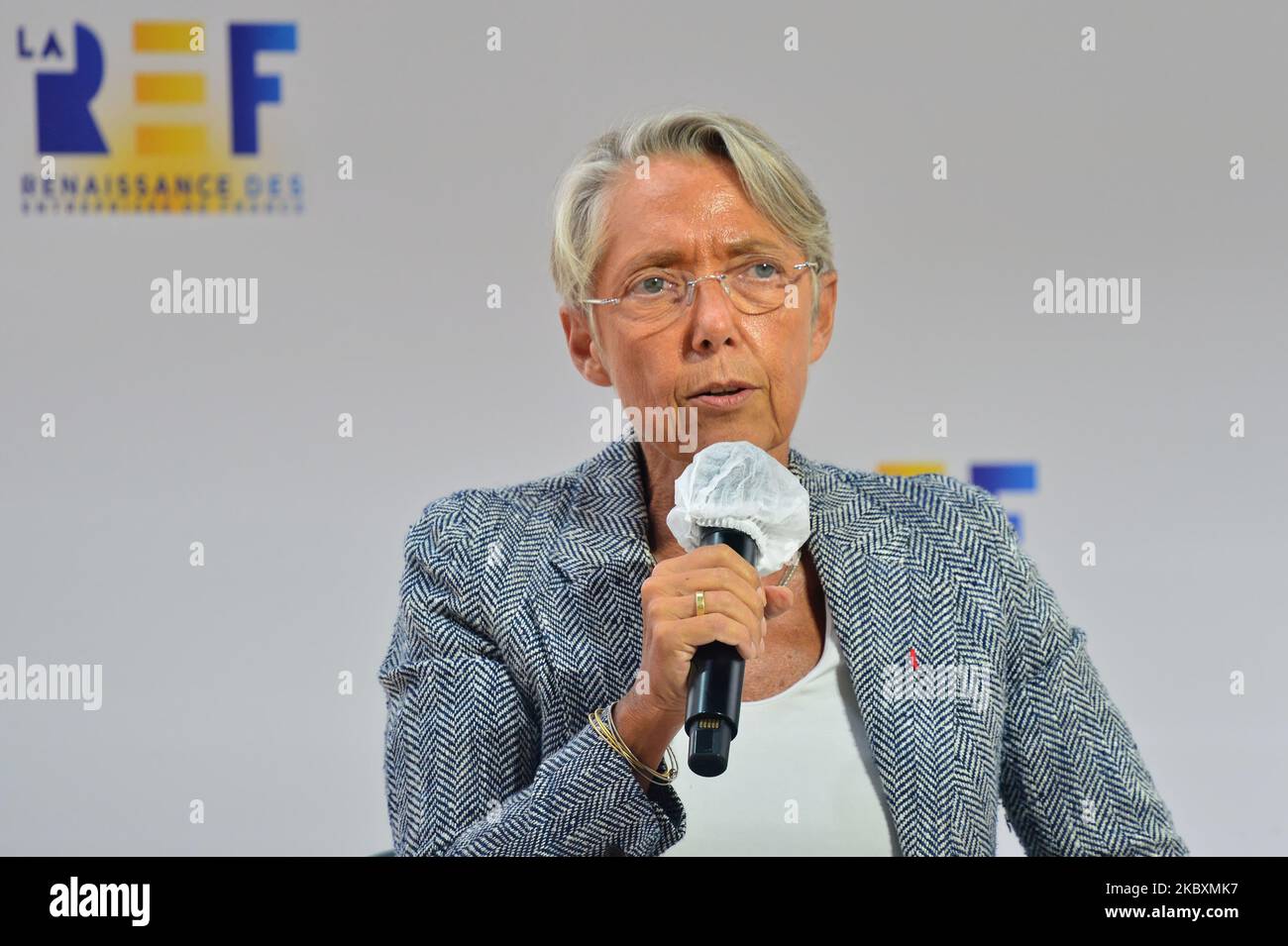 Die französische Arbeitsministerin Elisabeth Borne nimmt an dem Treffen des französischen Arbeitgeberverbandes Medef zum Thema „die Renaissance der französischen Unternehmen“ Teil – 27. August 2020, Paris (Foto: Daniel Pier/NurPhoto) Stockfoto