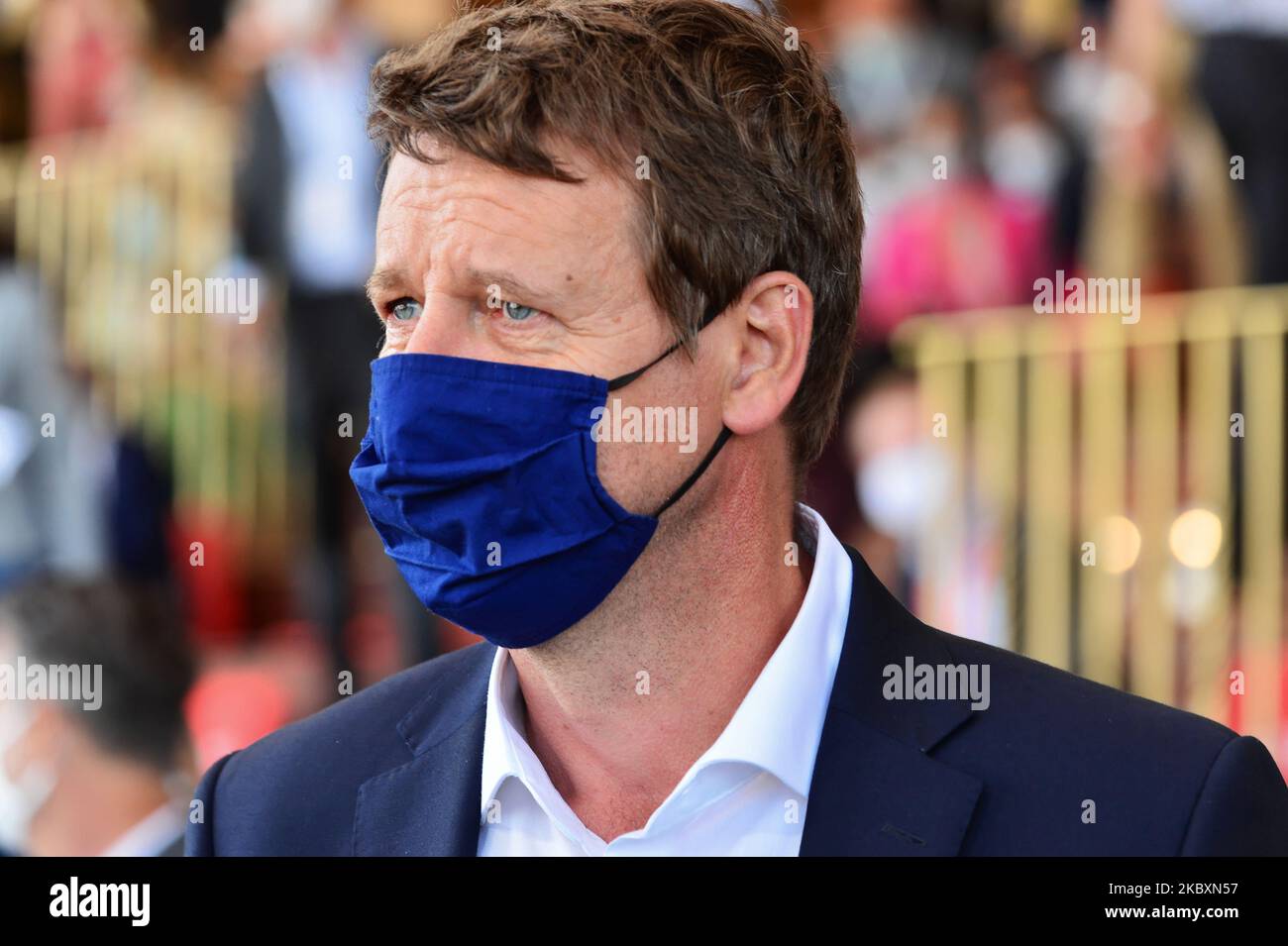 Der EU-Abgeordnete Yannick Jadot EELV nimmt an der Sitzung des französischen Arbeitgeberverbandes Medef zum Thema „die Renaissance der französischen Unternehmen“ am 27. August 2020 in Paris, Frankreich, Teil. (Foto von Daniel Pier/NurPhoto) Stockfoto