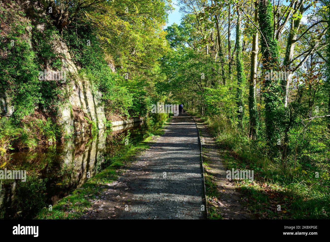 Die Menschen genießen die spätherbstliche Sonne am Llangollen-Kanal in Clwyd, Wales. Auch Anfang November bleiben viele Blätter grün und auf den Bäumen. Stockfoto