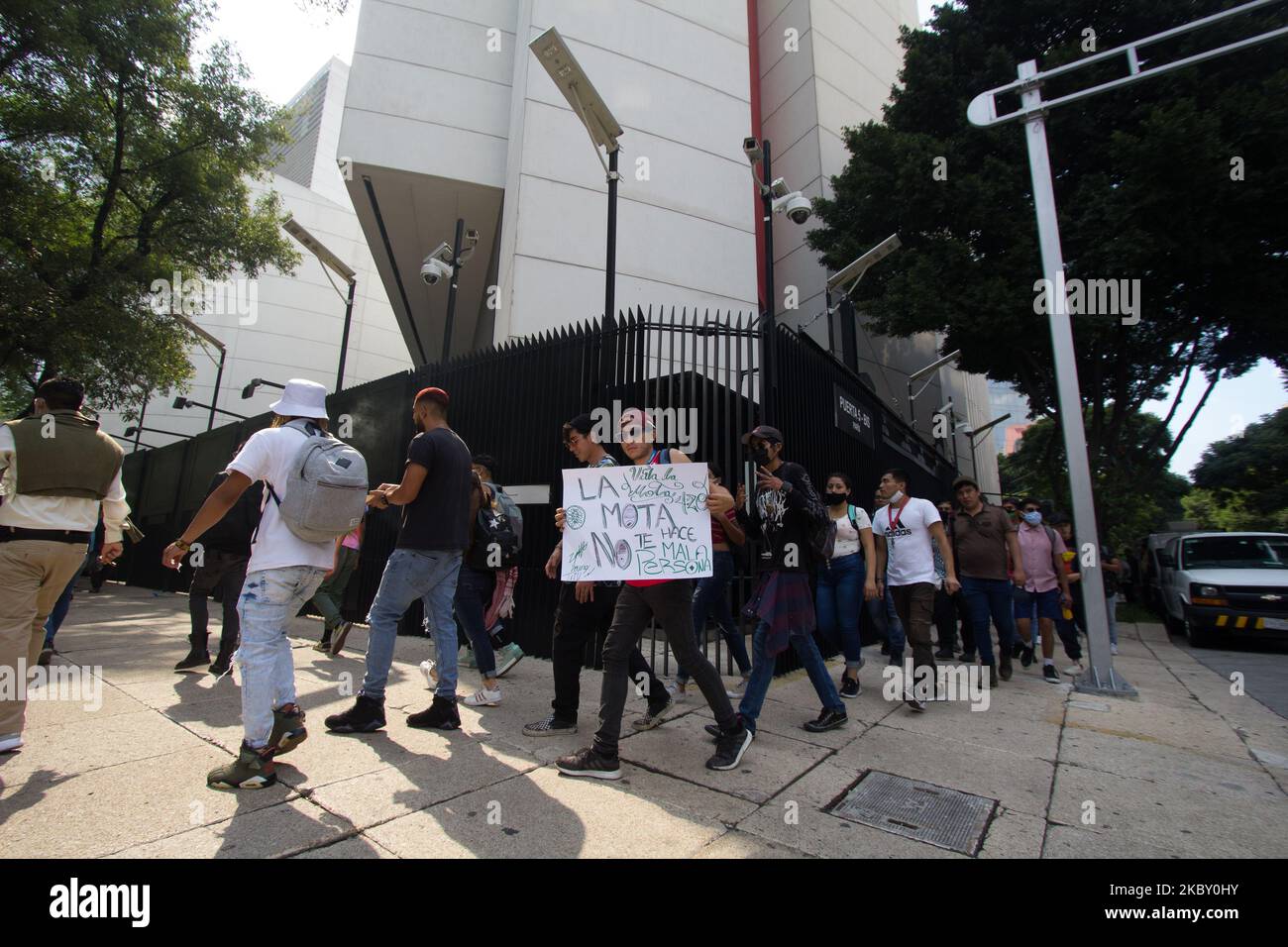 Der Colectivo Cannabico Mexicano forderte am 2. September 2020 einen friedlichen marsch vor dem Senat der mexikanischen Republik in Mexiko-Stadt, Mexiko, mit dem Ziel, die Rechte der Marihuanakonsumenten neu zu erfinden. Sie haben vier Forderungen: Non-Profit-Anbau, einfacher Besitz, die Möglichkeit, in öffentlichen Räumen ohne Risiken und Schäden zu rauchen und vor allem eine würdige Behandlung. Seit März diskutierte die Senatorenkammer die Genehmigung einer Stellungnahme, die ein Regulierungsgesetz für Marihuana in Mexiko schaffen will, aber aufgrund der Covid-19-Krise wurde sie gestoppt. (Foto von Martin Gorosti Stockfoto