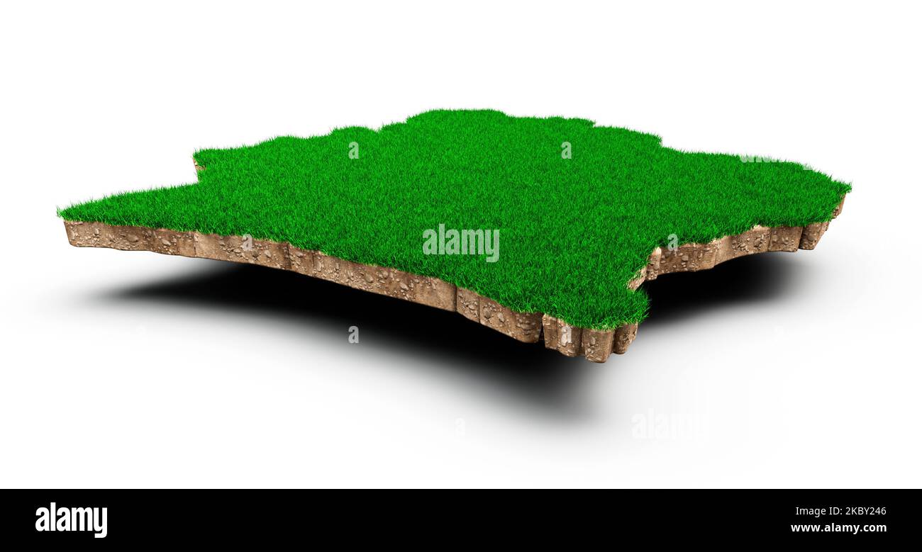 Eine Darstellung der geologischen Karte der Elfenbeinküste aus dem Jahr 3D mit grünem Gras und Gesteinsboden Stockfoto