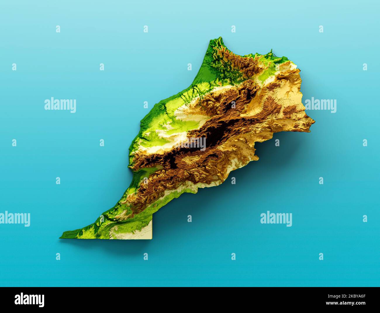 Eine Darstellung einer Höhenkarte von Marokko aus dem Jahr 3D mit schattiertem Relief Stockfoto