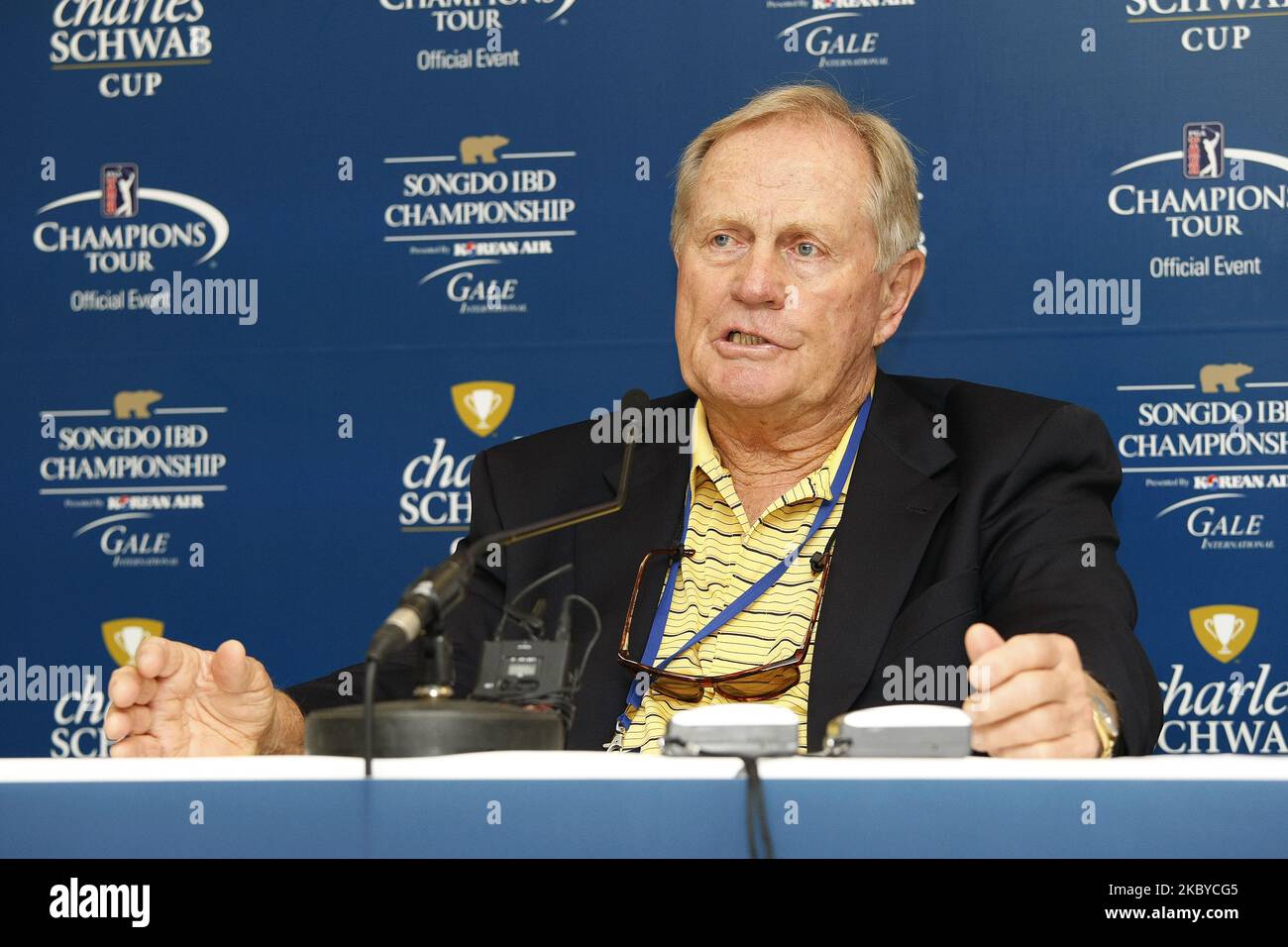 Jack Nicklaus vom Golfplatzdesigner spricht über den Schwierigkeitsgrad des Spiels während der PGA Tour Songdo IBD Meisterschaft in Incheon, westlich von Seoul am 16. September 2011, Südkorea. (Foto von Seung-il Ryu/NurPhoto) Stockfoto
