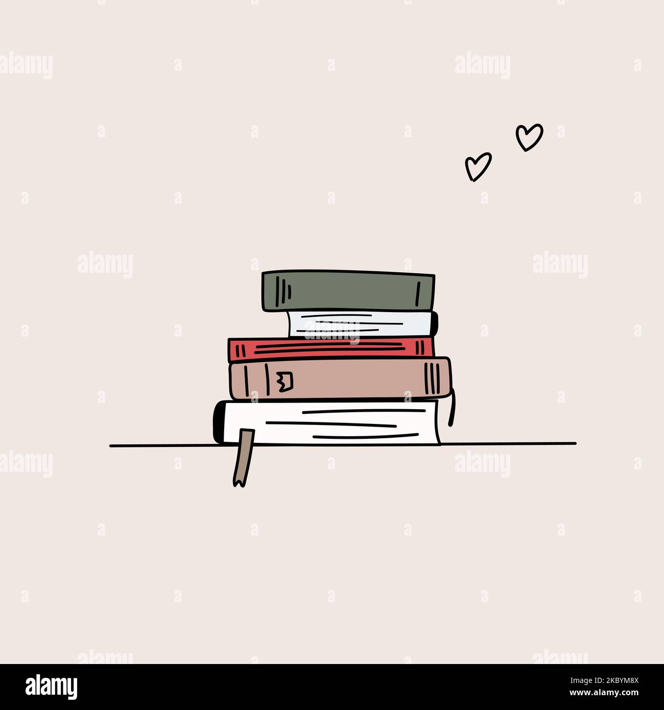 Nette Illustration ich liebe Bücher mit Bücherstapel Stock Vektor