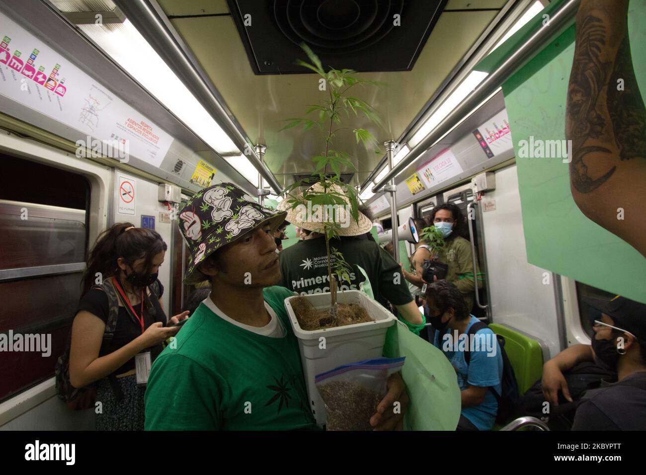 Mit dem Slogan ''Maria reist auch in der U-Bahn'' protestierten Aktivisten, die für die Legalisierung von Marihuana sind, am 12. September 2020 in der CDMX-U-Bahn in Mexiko-Stadt, Mexiko. (Foto von Martin Gorostiola/NurPhoto) Stockfoto