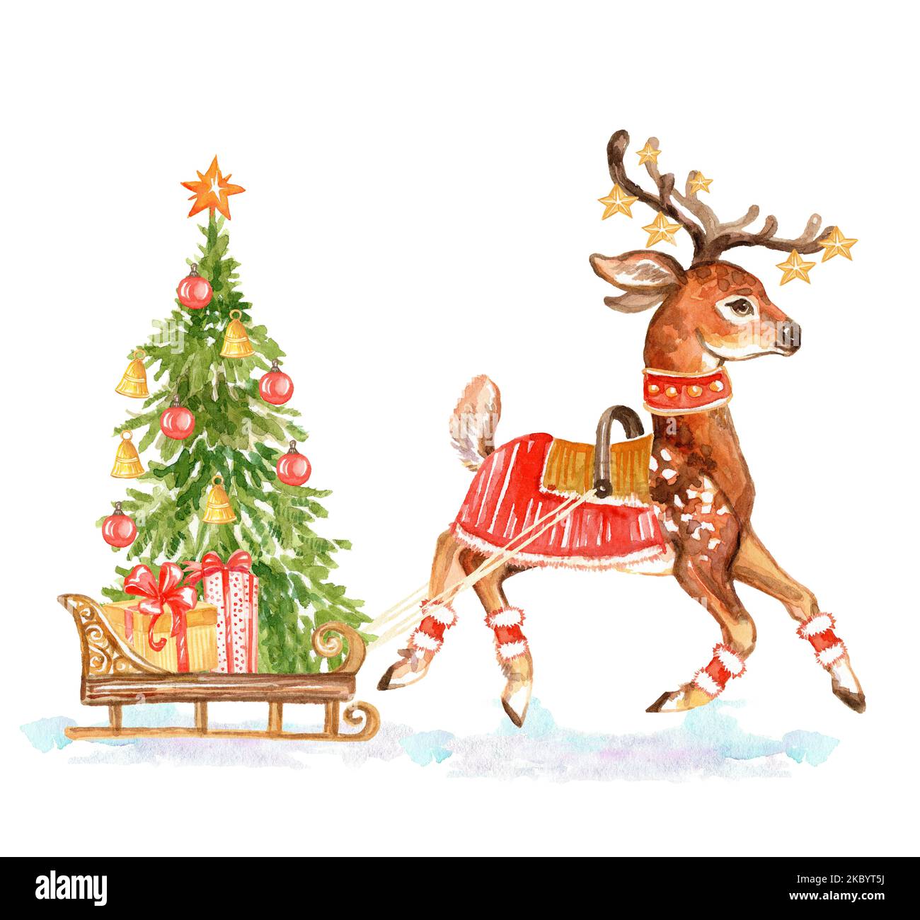 Niedliche Hirsche laufen und tragen einen Weihnachtsbaum mit Geschenken in einem Schlitten. Aquarell handgezeichnete Illustration. Handgemalte Zeichnung. Winterhintergrund. Für c Stockfoto