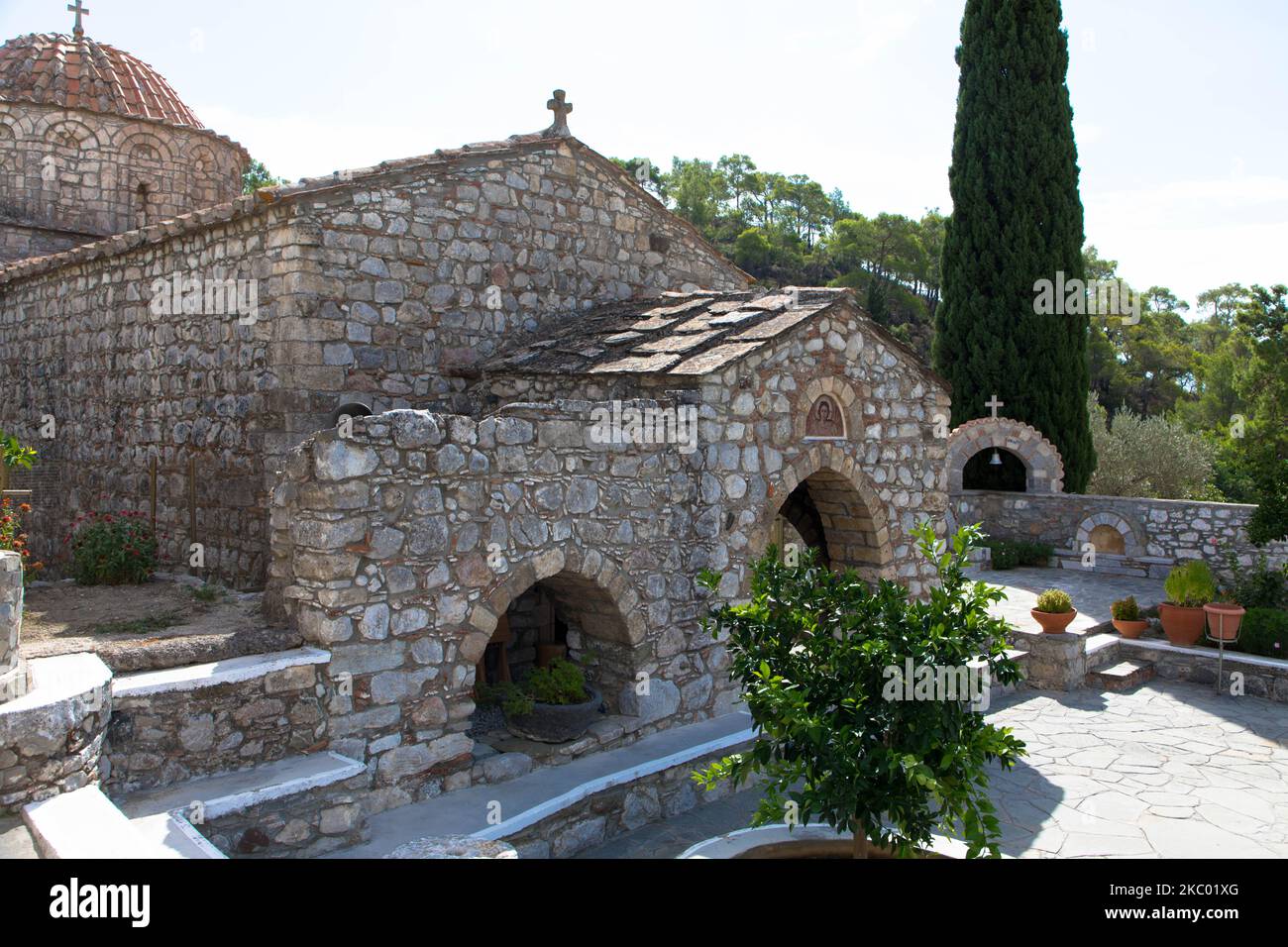 Das Kloster Moni Thari ist eines der wichtigsten religiösen Denkmäler auf der Insel Rhodos. Laerma, Rhodos, Dodekanes, Südägäis, Griechenland Stockfoto