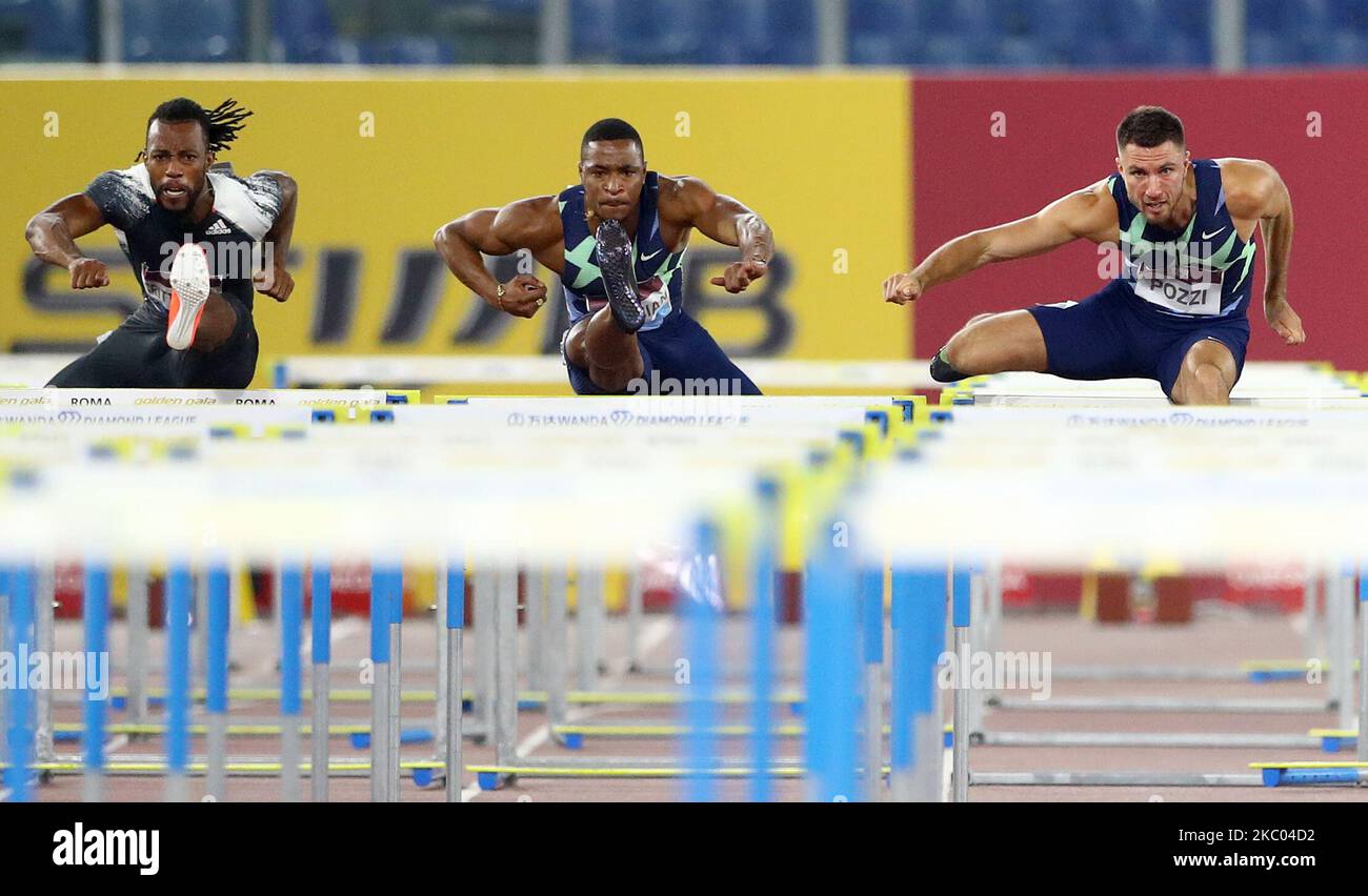 Freddie Crittenden (USA), Wilhem Belocian (FRA) und Andrew Pozzi (GBR) treten bei der Goldenen Gala der IAAF Diamond League am 17. September 2020 im Olimpico-Stadion in Rom, Italien, in 110m Hürden gegeneinander an (Foto: Matteo Ciambelli/NurPhoto) Stockfoto