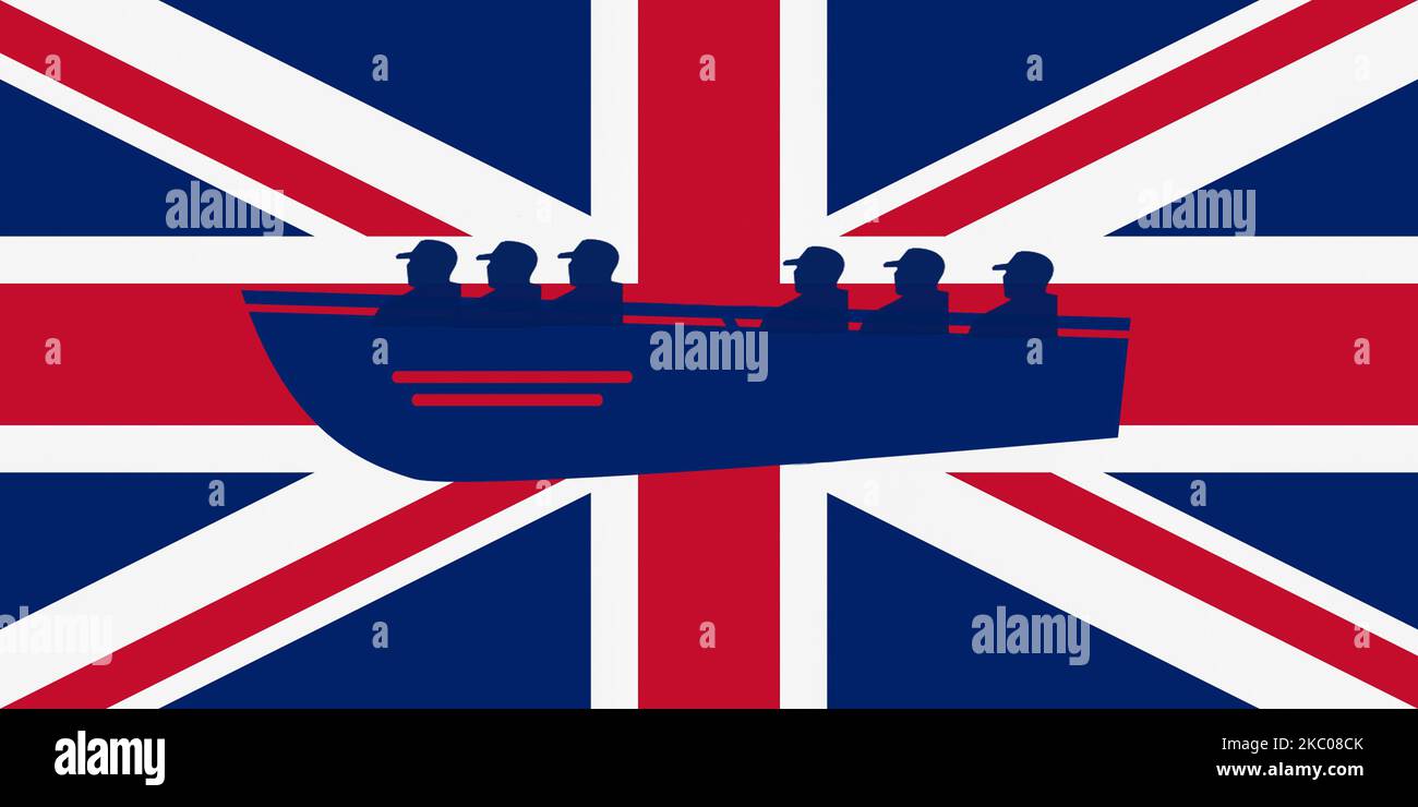Menschen im Boot auf der britischen Flagge. Migranten, Kanalübergänge, großbritannien, illegale Einwanderer, Grenzkontrollen...Konzept Stockfoto