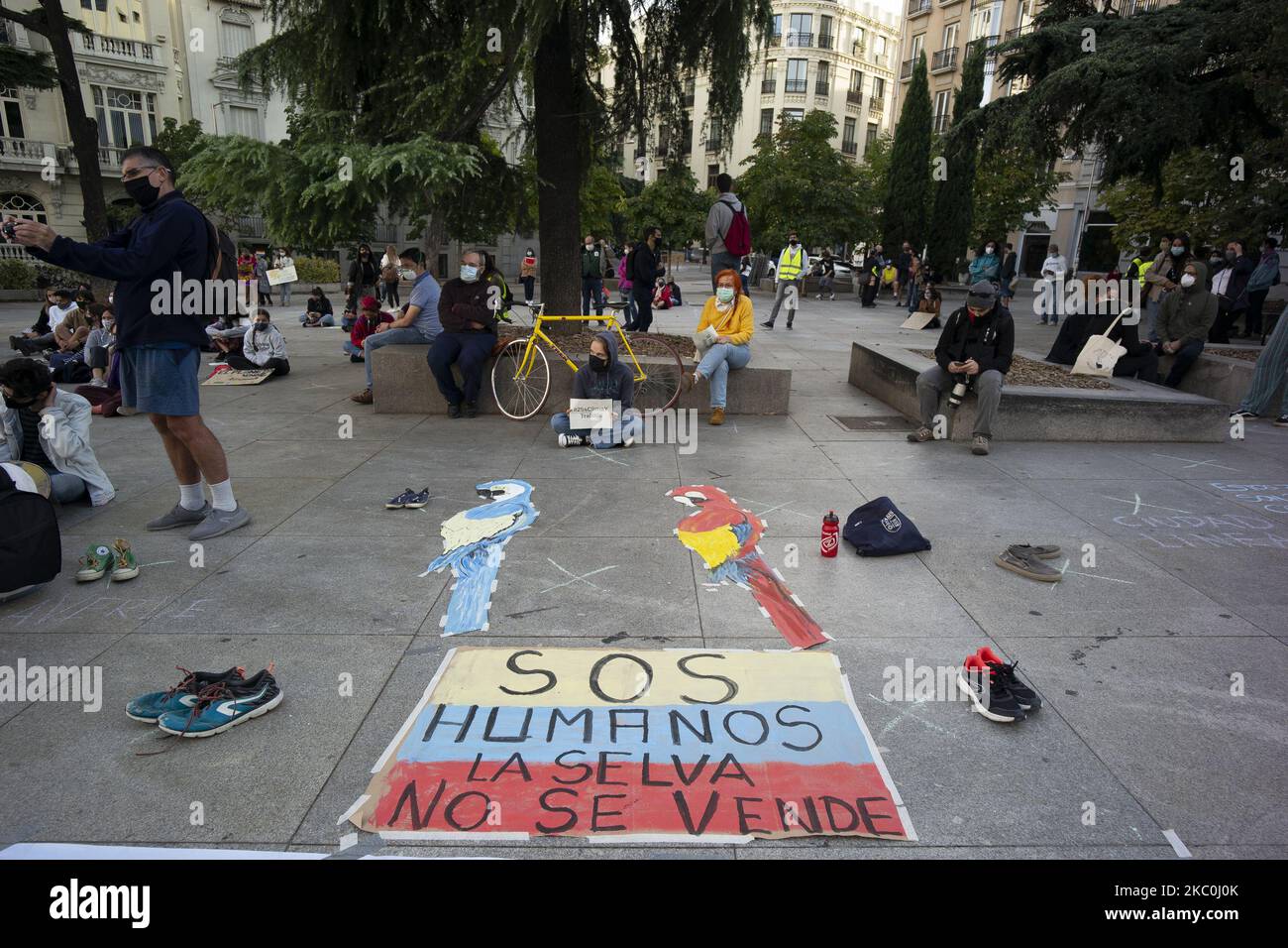 Ein Protestant während des Global Climate Action Day am 25. September 2020 in Madrid, Spanien. . Nach neun Monaten, die von der COVID-19-Pandemie geprägt waren, fordern Youth for Climate-Fridays for Future Spain, 2020: Rebellion for Climate and Climate Alliance (beide Plattformen, zu denen Greenpeace gehört) eine landesweite Mobilisierung unter dem Motto „„Climate Justice to end all Crises“ (Foto: Oscar Gonzalez/NurPhoto) Stockfoto