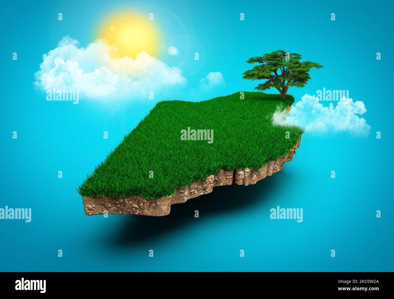 Eine Darstellung der geologischen Karte von Belize aus dem Jahr 3D mit grünem Gras und Gesteinsboden Stockfoto