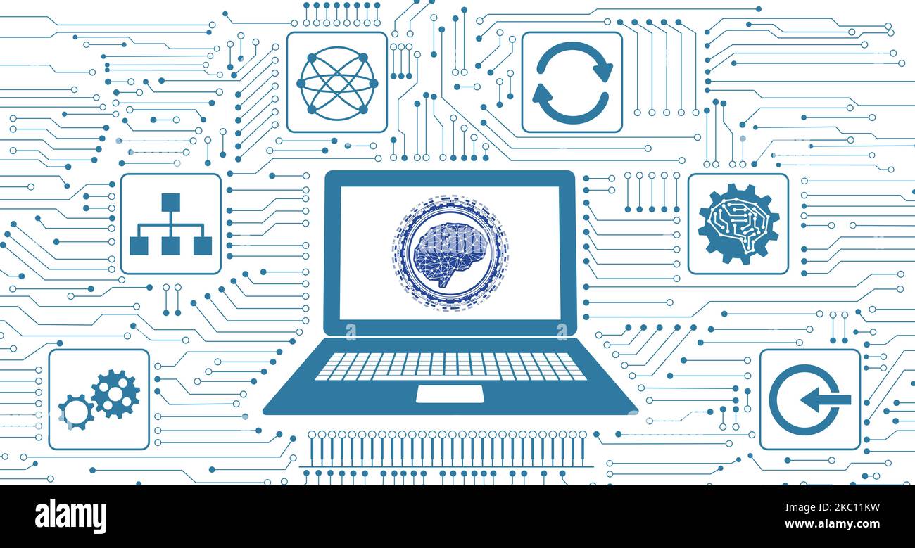 Konzept des Deep Learning mit integrierten Symbolen in Schaltkreisen Stockfoto