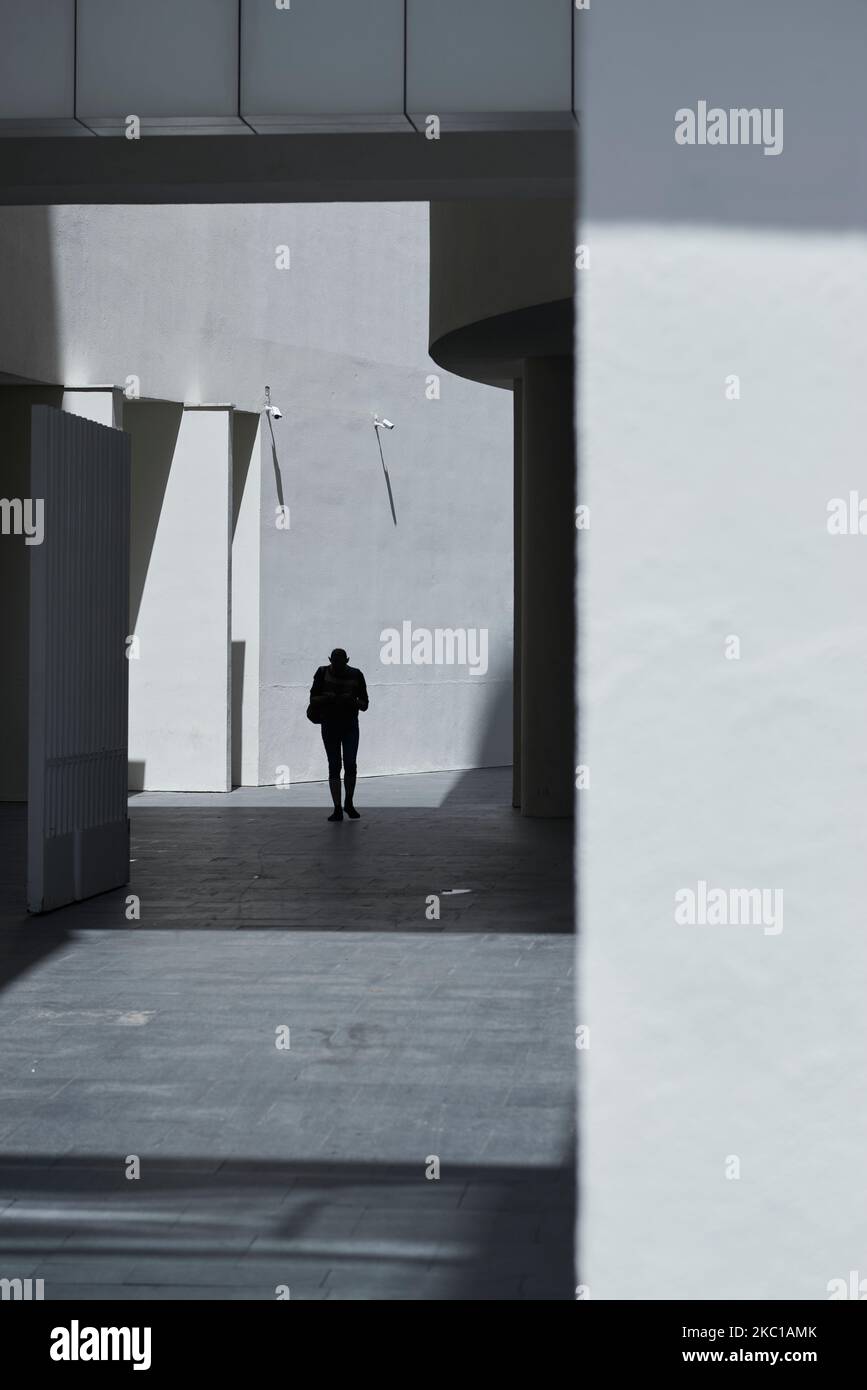 Eine vertikale Aufnahme einer schwarzen Silhouette einer Person in Schwarz und Weiß, aufgenommen in Bilbao, Spanien Stockfoto