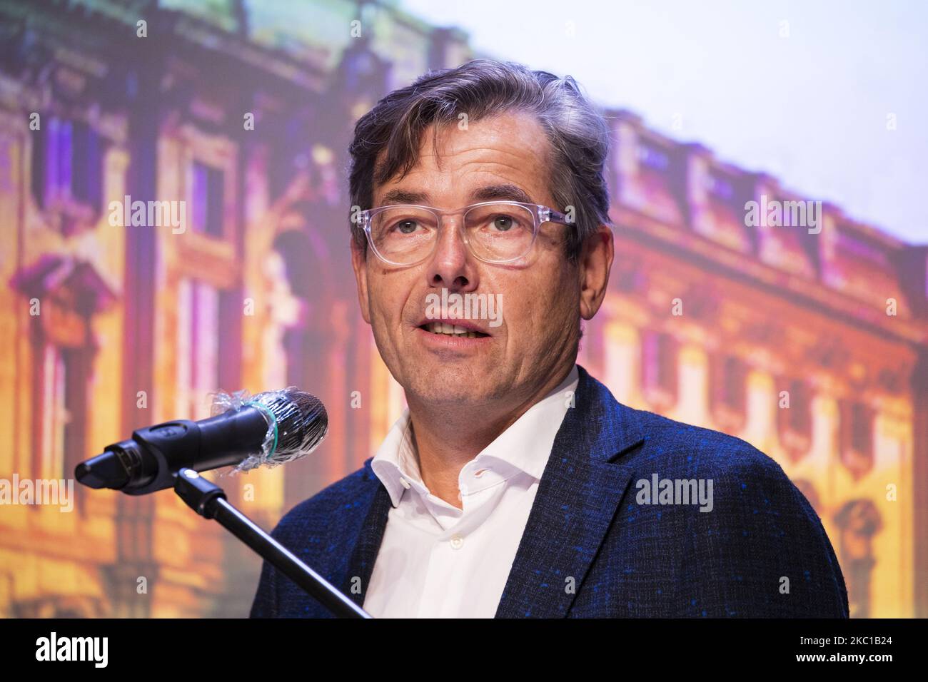 Humboldt Forum Direktor Hartmut Dorgerloh spricht während einer Pressekonferenz, um die teilweise Eröffnung des Humboltforums im Dezember am 7. Oktober 2020 in Berlin bekannt zu geben. (Foto von Emmanuele Contini/NurPhoto) Stockfoto
