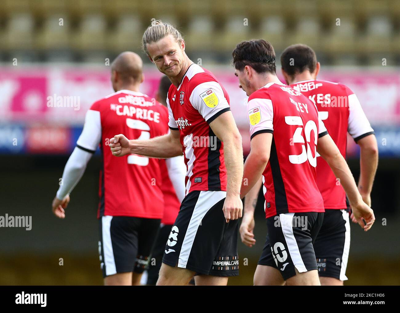 Alex Fisher von Exeter City feiert sein Team beim Sky Bet League 2-Spiel zwischen Southend United und Exeter City am Samstag, 10.. Oktober 2020, in Roots Hall, Southend, das zweite Tor. (Foto von Jacques Feeney/MI News/NurPhoto) Stockfoto