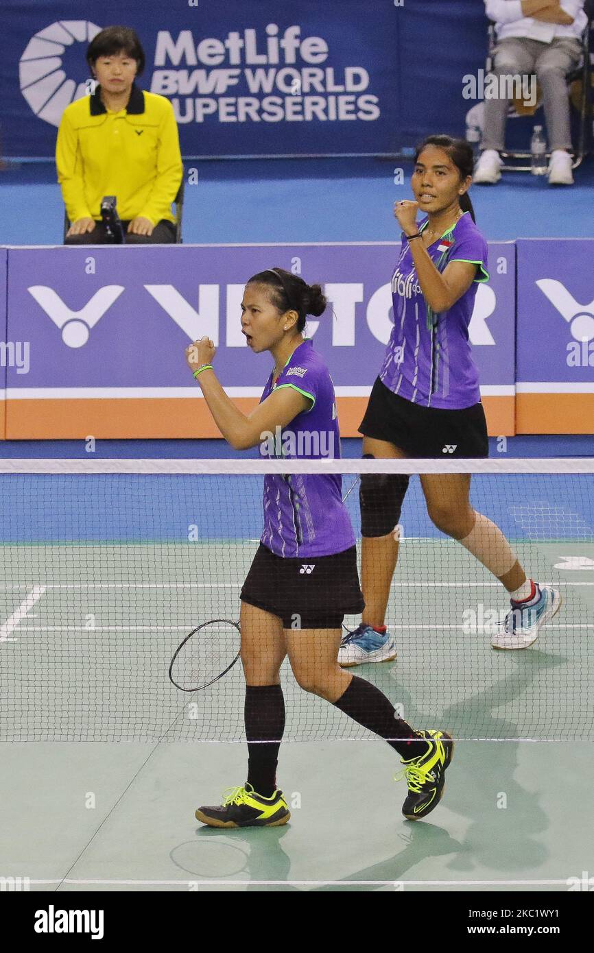 Die Südkoreanerin Chang Ye Na und ihre Teamkollegin Lee so Hee spielen im Doppelfinalspiel ihrer Frauen gegen die Indonesierin Nitya Krishinda Maheswari und Graysia Polii beim Badminton-Finale der Victor Korea Open in Seoul, Südkorea. Die Indonesier Nitya und Greysia gewannen den Spielstand mit 2:0. (Foto von Seung-il Ryu/NurPhoto) Stockfoto