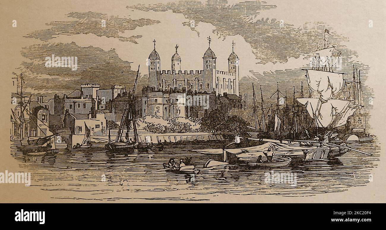 Eine Gravur aus dem 19.. Jahrhundert, die den Tower of London und die Thames-Schifffahrt sowie Boote wie in den 1890er Jahren zeigt. In seiner Geschichte hat es als Aufbewahrungsort für die Krone eine militärische, Festung, ein Gefängnis, eine ,Rüstkammer, eine Schatzkammer, eine Menagerie, Und die Heimat der Royal Mint Stockfoto