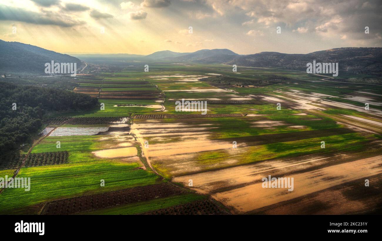 Luftaufnahme der grünen Parzellenfelder im Biqat Bet Netofa-Tal, israel an einem bewölkten Tag Stockfoto